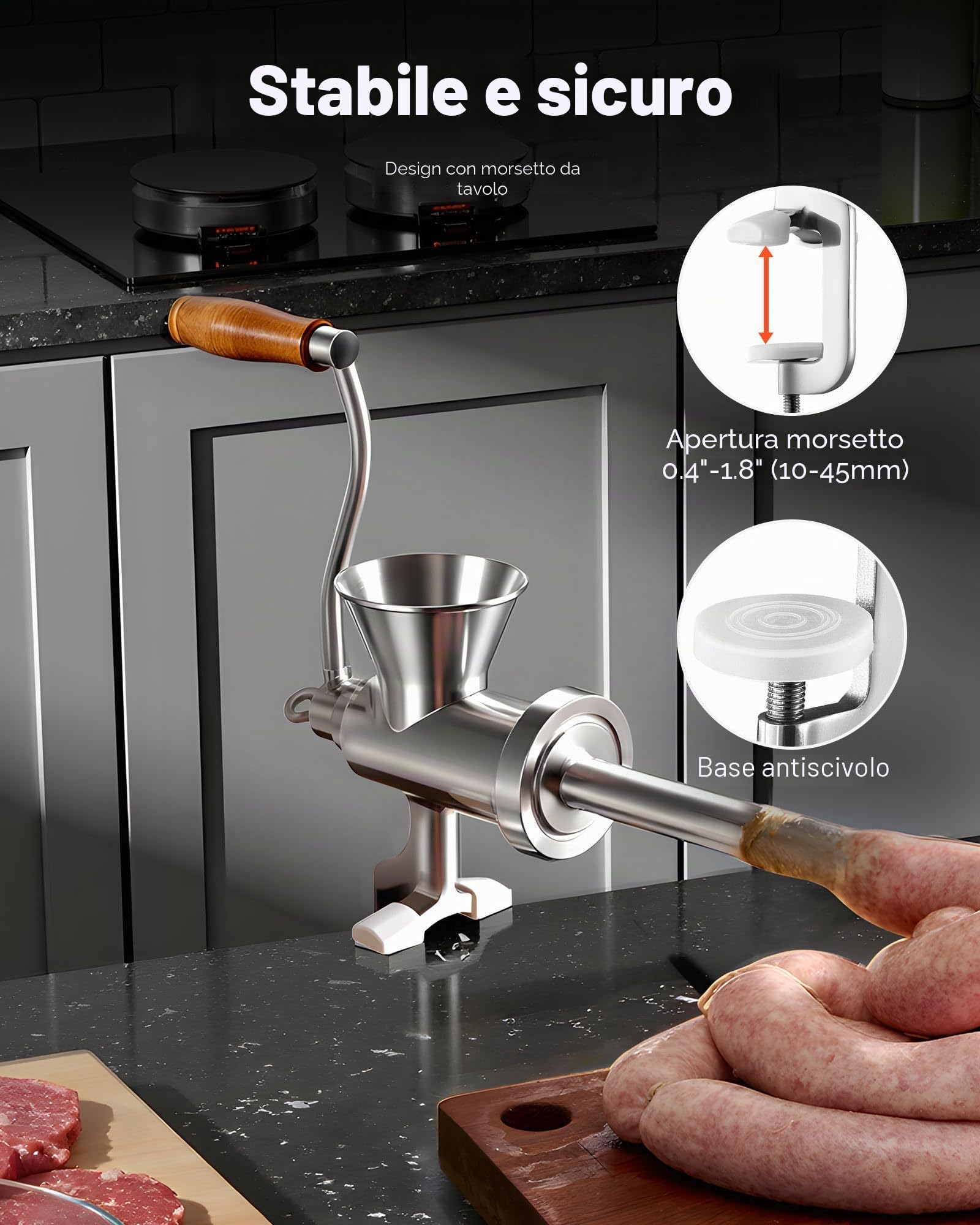 VEVOR Tritacarne Manuale, Tritacarne in Acciaio Inox 304 con Manovella e Morsetto da Tavolo in Acciaio, Insaccatrice con 2 Piastre di Taglio e 4 Tubi per Salsicce, per Carne di Manzo, Chili e Maiale