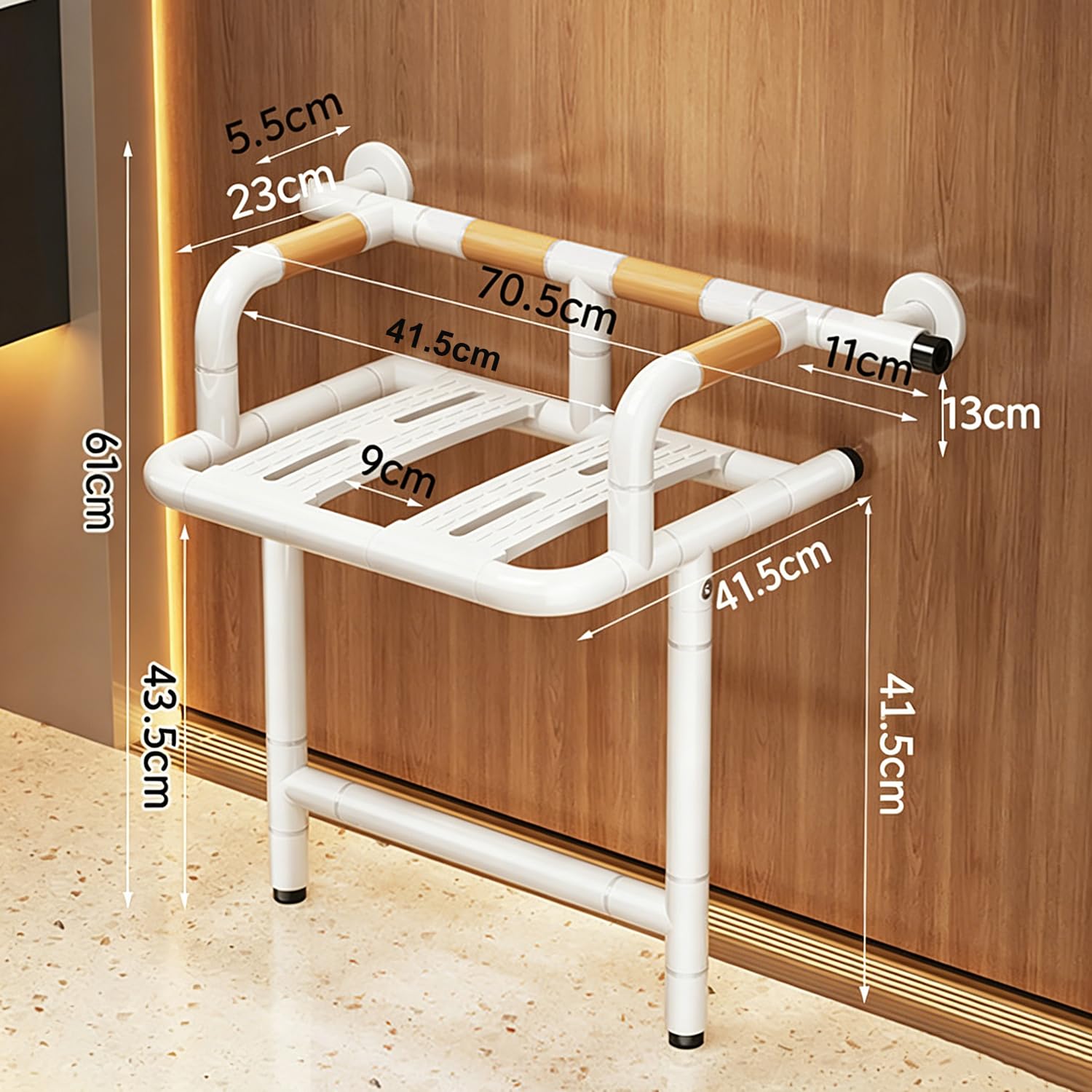 Silla de Ducha Blanca de Pared para Ancianos y Discapacidad | Asiento de Ducha Plegable,Banco de Baño Antideslizante,Ahorro de Espacio,Luminoso,Acero,Panel Reforzado,Soporta 150 kg