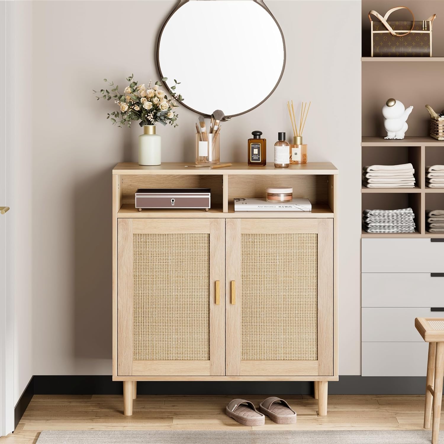Litake Sideboard Rattan, 80x 92x 40 cm Anrichte mit 2 Offenem Fach & 2 Rattan Türen, Kommode Holz Buffetschrank Aufbewahrungsschrank Konsolentisch Kaffeebarschrank TV-Ständer,Natur