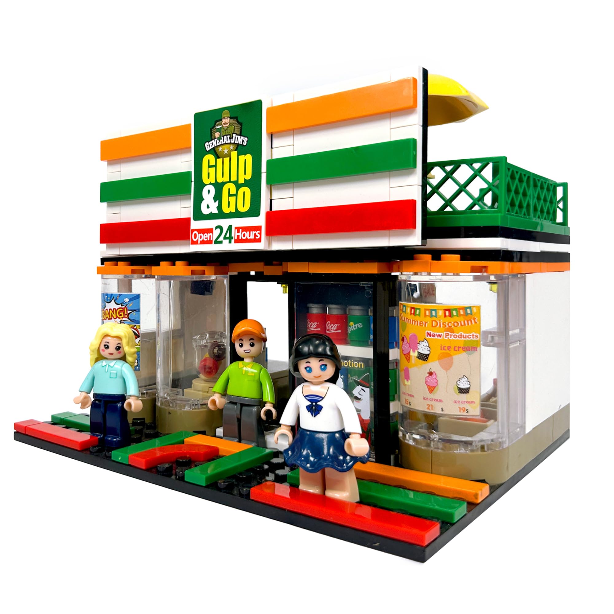 General Jim's 'Gulp & Go' Modular Convenience Store & Gas Station Building Blocks Set – 320-Piece Urban Street Corner Kit with Accessories, Treats & 2 Figurines – Compatible with Major Brick Brands