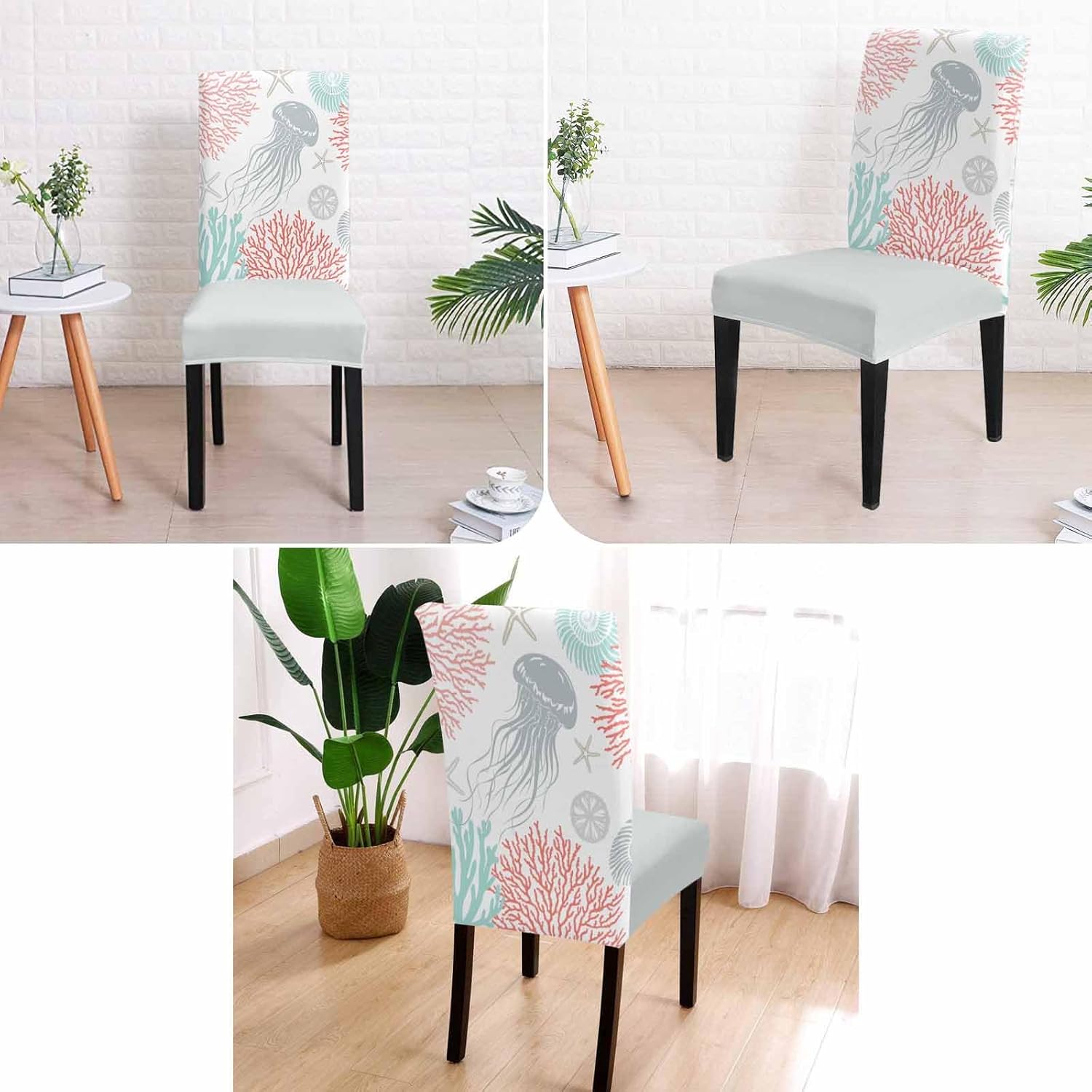 Coral Turquoise Dining Chair Cover Set of 6,Coastal Grey Jellyfish Starfish Ocean Stretch Chair Protectors Slipcover,Spandex Kitchen Chair Seat Back Cushion Slip Cover for Dining Room,Party,Hotel