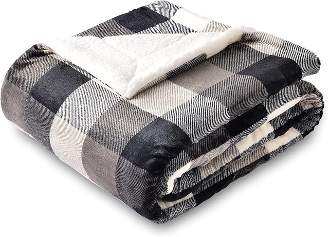 SOCHOW Sherpa Plaid Fleece Throw Blanket, Double-Sided Super Soft Luxurious Bedding Blanket 127cm×150cm, Black/White