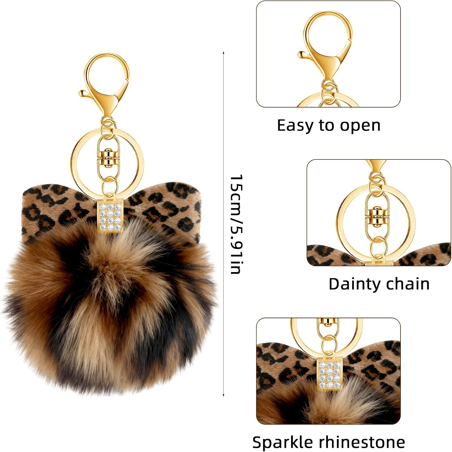 PLwelth Pom Pom Keychain for Women Girls Plush Bag Charms for Handbags Leopard Print Keyring for Car Keys Backpack Tote Bag