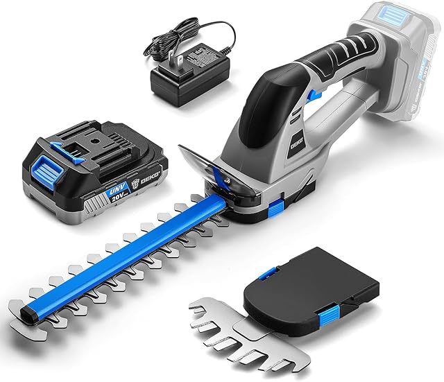 DEKOPRO Akku Heckenschere Heckenschere 20V: DEKOPRO 2-in-1 Elektrogartenscheren mit Akku Heckenschere mit akku und ladegerät 2000mAh, Gartengeräte, Astschere Grasschere für Hof Garten Rasen, Blau — Heckenscheren