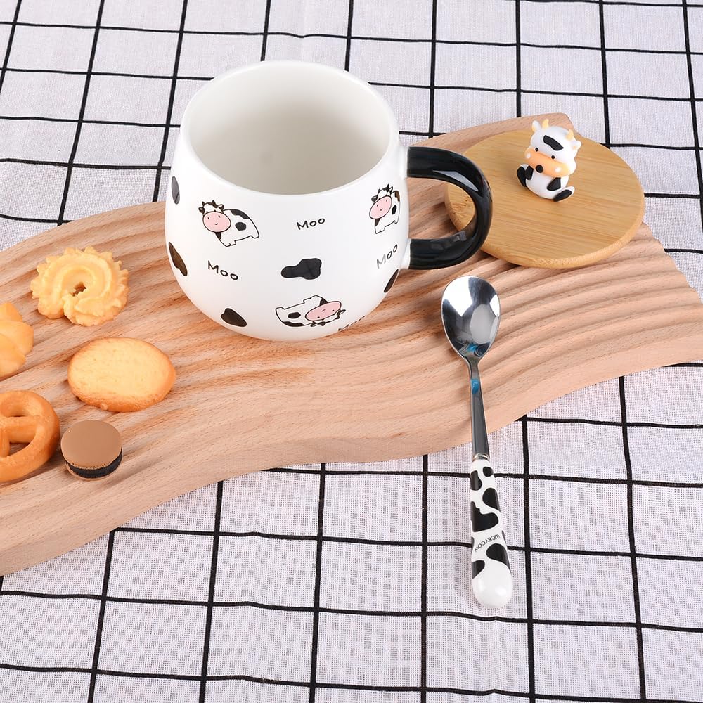 Cute Cow Mug Kawaii Animal Coffee Mug with Lid and Spoon, Highland-Cow Gifts Ceramic Tea Cup, Creative Cartoon Print Coffee Cup Stuff Gift for Women Office Personal Birthday Christmas 480ml - Image 6