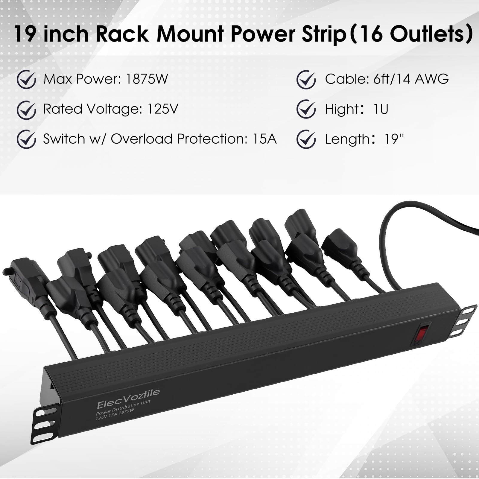 Regleta de alimentación PDU de 16 tomas, protección contra sobretensiones 1020J e interruptor de sobrecarga de 15 A, se adapta a rack de servidor de red de 19 pulgadas, cable de 6 AWG 14
