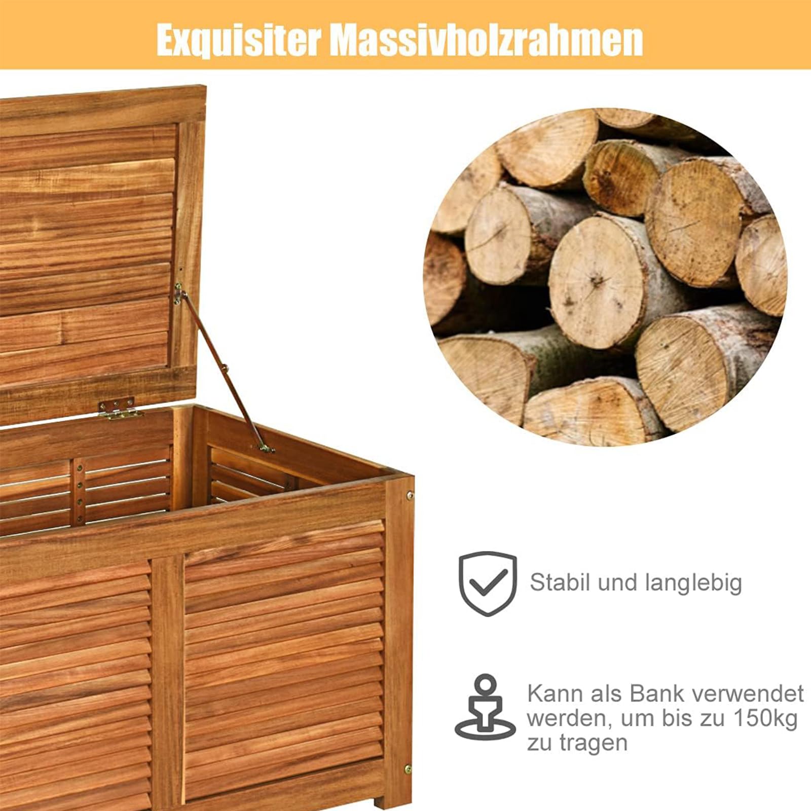 GOPLUS Gartenbox Auflagenbox 178 L, Aufbewahrungsbox Garten mit Stauraum, Kissenbox Akazienholz, Holztruhe mit Deckel groß, Gartentruhe Gartenbank Kissentruhe Outdoor Box für Terrasse, Veranda, Balkon