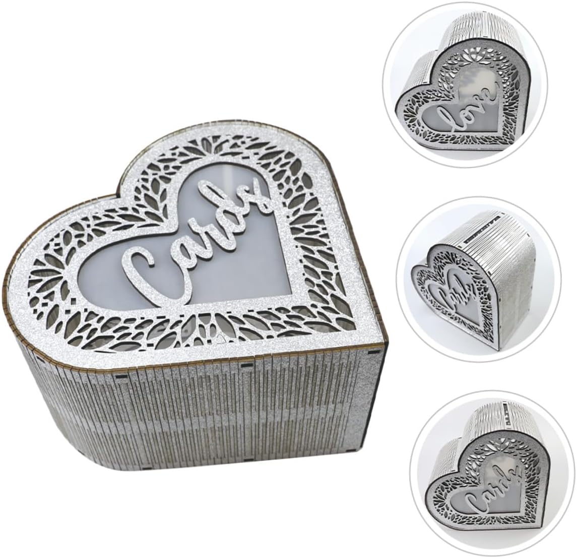Operitacx Heart-shaped Hollow Wooden Card Box with Glitter Anniversary Cards Container for Wedding Birthday and Valentine's Day Decorations