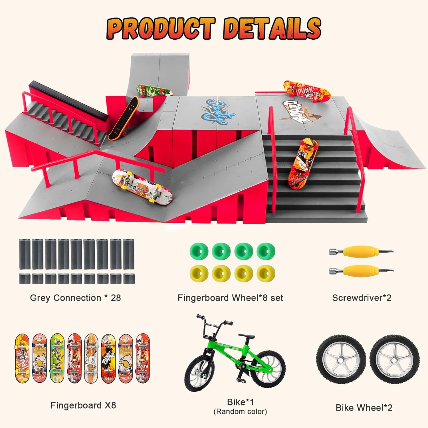 Finger Skateboard Park Kits,14-in-1 Bigger Finger Skateboard Ramp Set with 14 Ramps,8 Fingerboards,1 Finger Bike, Skate Park Kit,Fingerboard Skatepark Half Pipe Toys Gifts for Ages 3