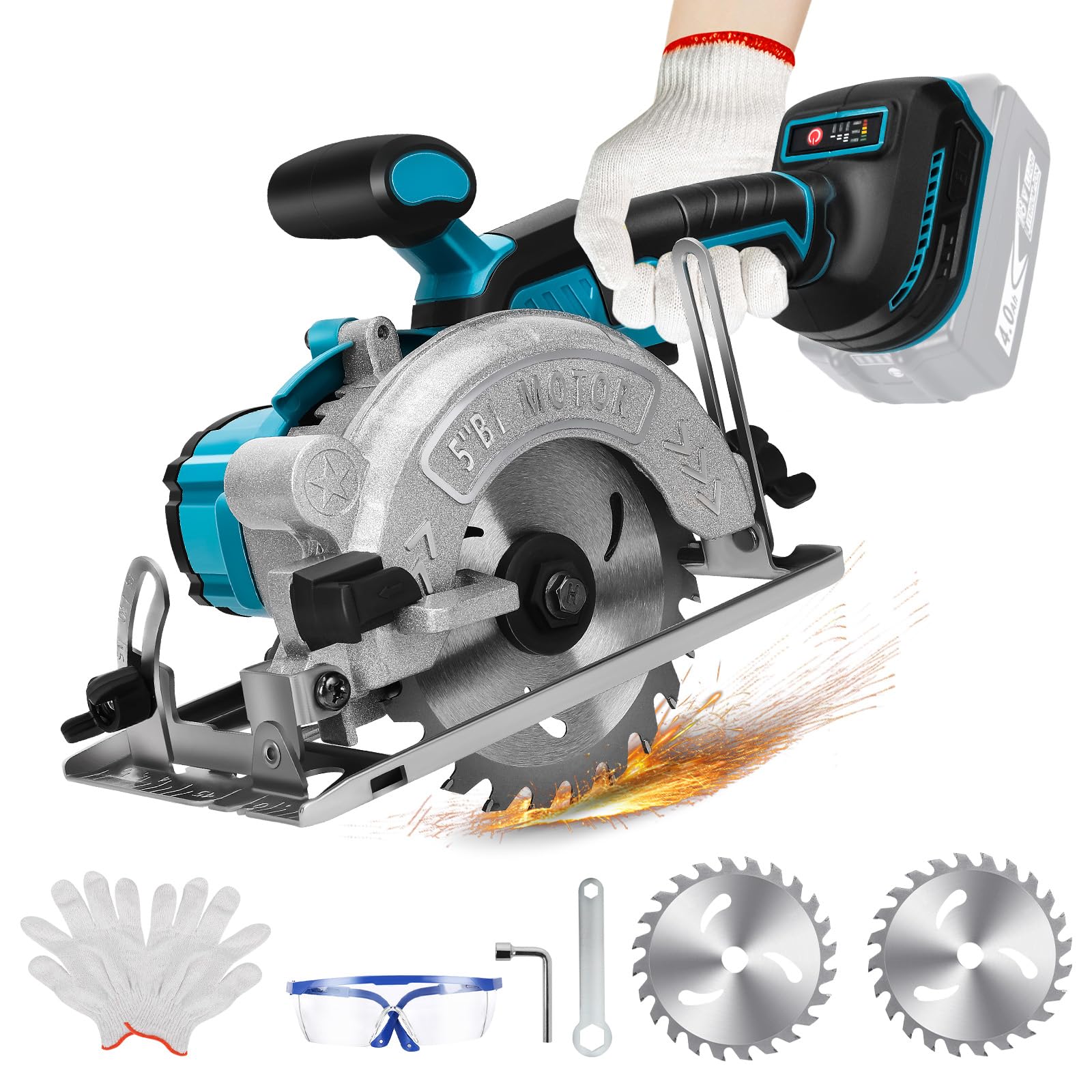 Sierra circular inalámbrica Compatible con la batería de litio Makita 18V, mini sierra circular sin escobillas con 2 hojas de sierra (125 mm), con corte diagonal, 6200 rpm, ideal para cortar madera