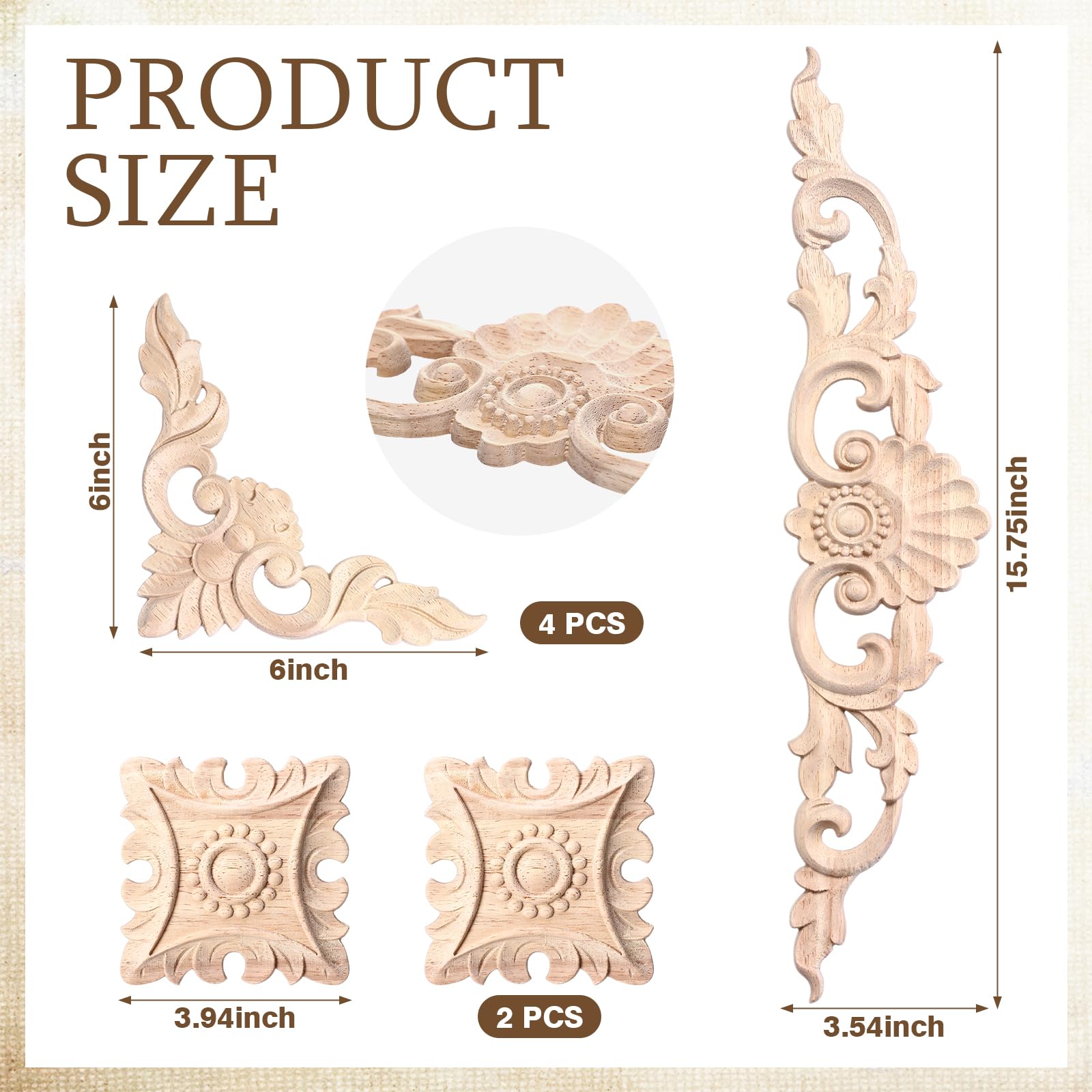 8 Pcs Wood Appliques and Onlays Large Size for Furniture Carved Onlays DIY Decorative Wood Carving Decals for Wall Cupboard Door Bed Cabinet (Stylish Style)