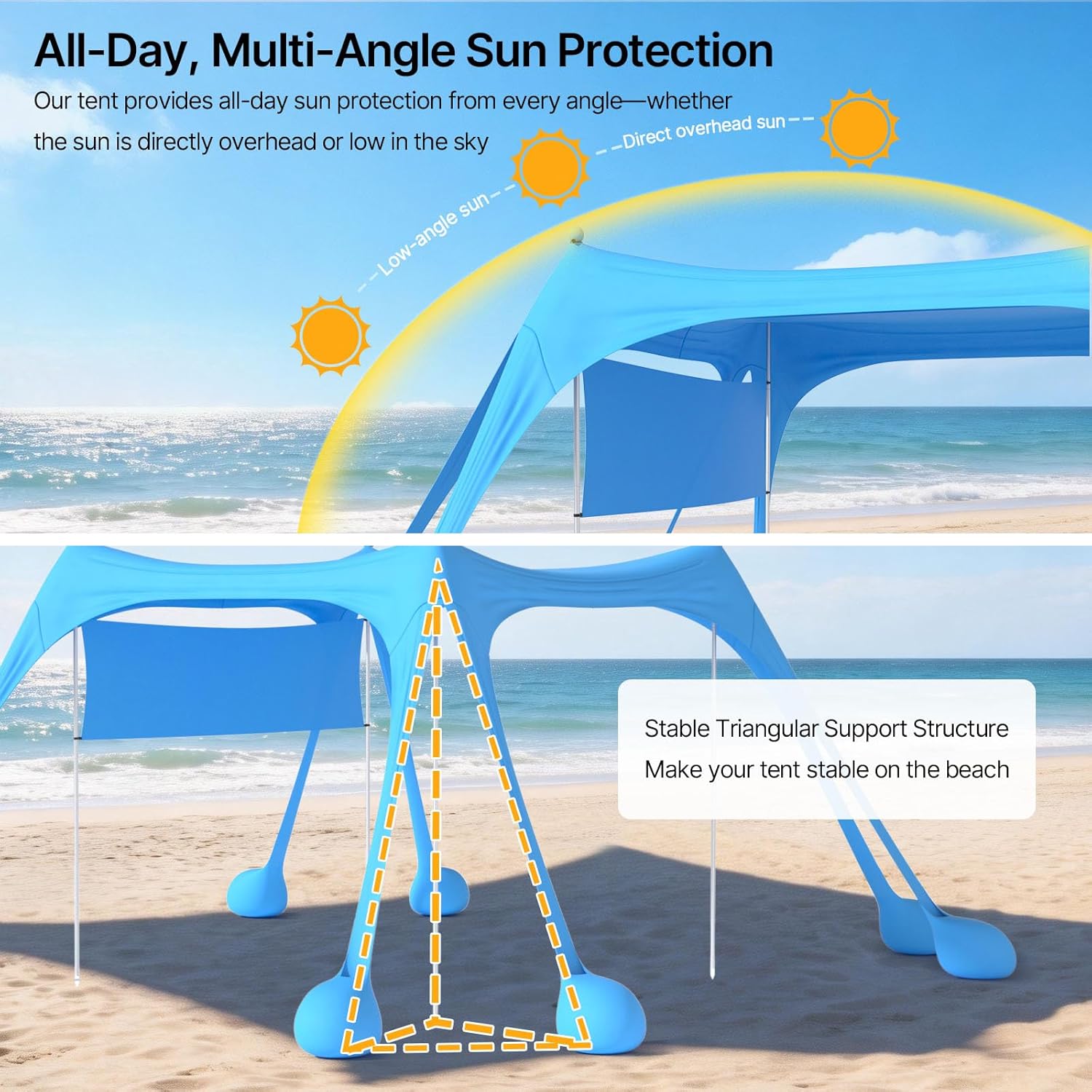 Suteck Beach Tent Sun Shelter with Sidewall, Easy Set Up 10x10ft Beach Canopy, Outdoor Sun Shade with UPF 50+UV Protection, 8 Sandbags, 4 Stability Poles for Camping, Fishing or Picnics