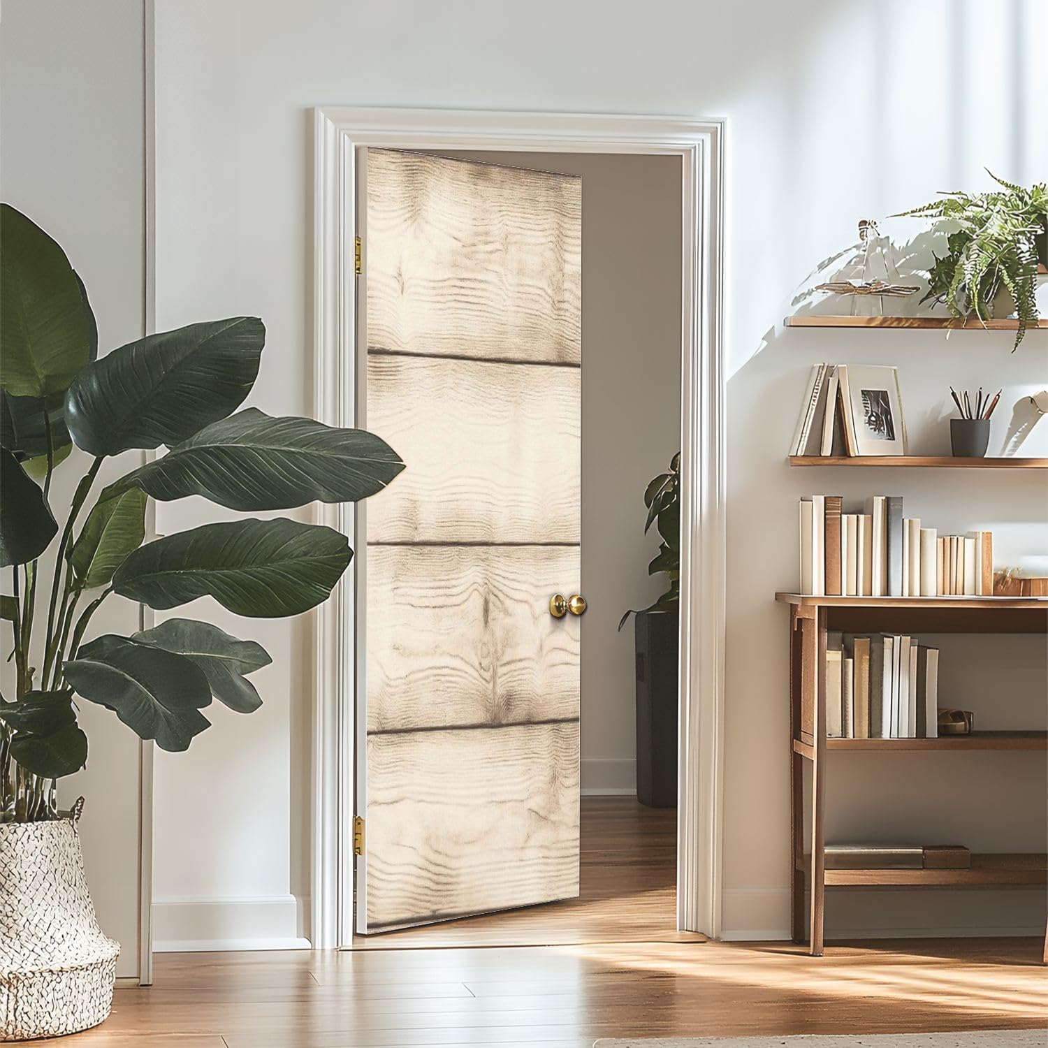 Stickers Porte Trompe L'oeil Grain de Bois Blanc Vieux Papier Peint Autocollant Porte Pour Chambre Salon Décoration Stickers Muraux Sticker Porte 95x215 cm b3464
