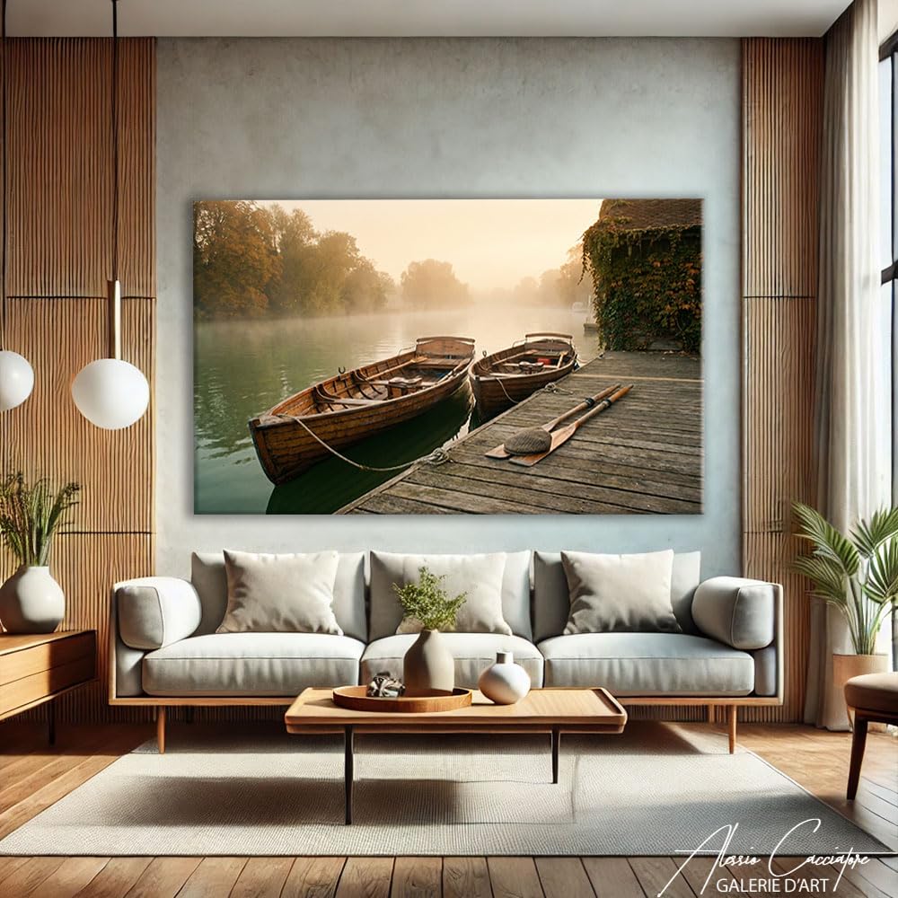Alessio Cacciatore Quadro con foresta nebbiosa, poster decorativo da parete, barca, stampa su tela, paesaggio naturale, dipinto lago, decorazione da parete, tela decorativa, grande formato, 120 x 80