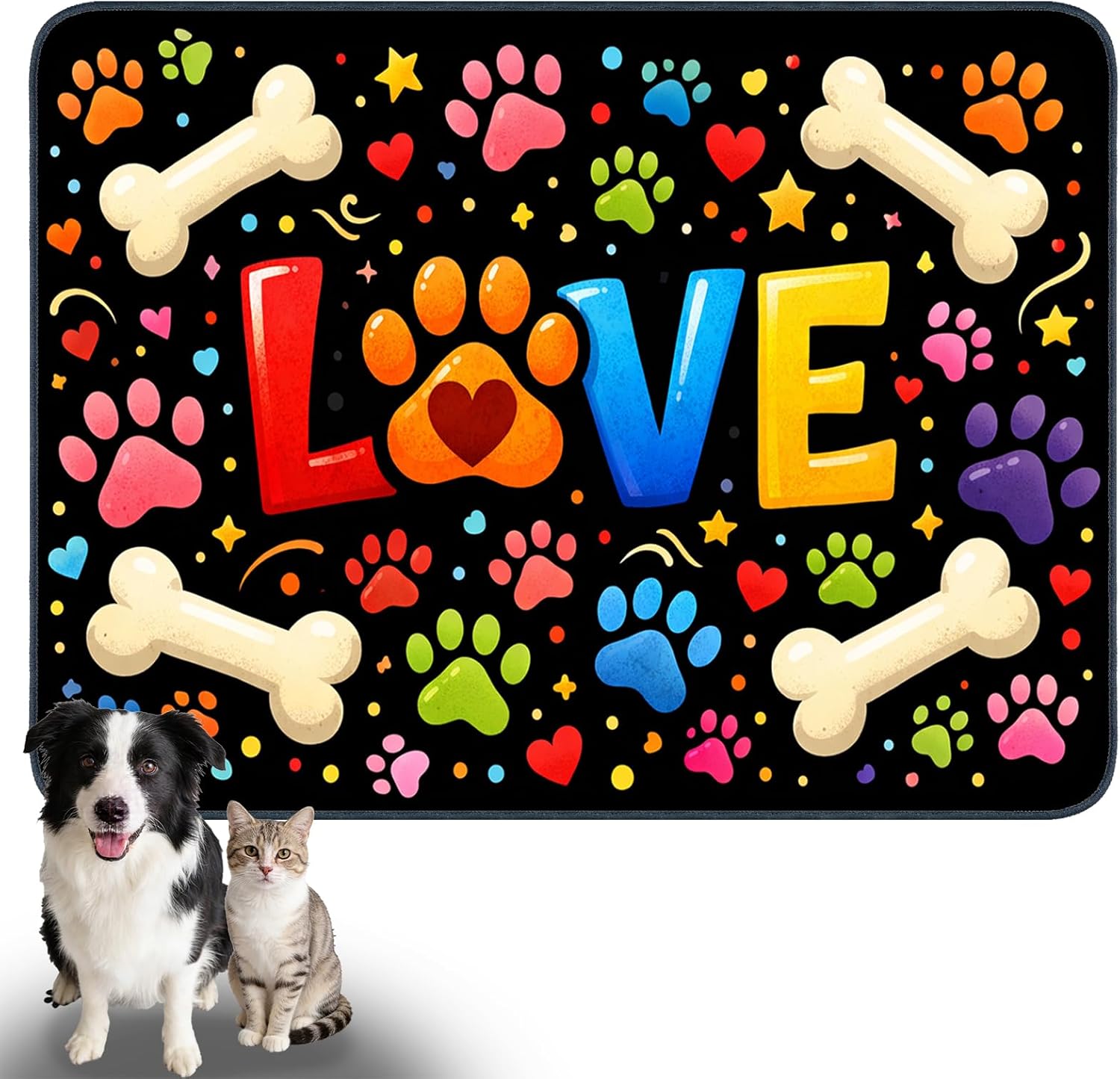 Nuxovilar Pet Food Mat Dog Supplies Vibrant Love-Themed Polyester (23.62×17.71 inches) Bowl Water Spill Pad Feeding Gear for Kitchen, Pet Station, Dining Area