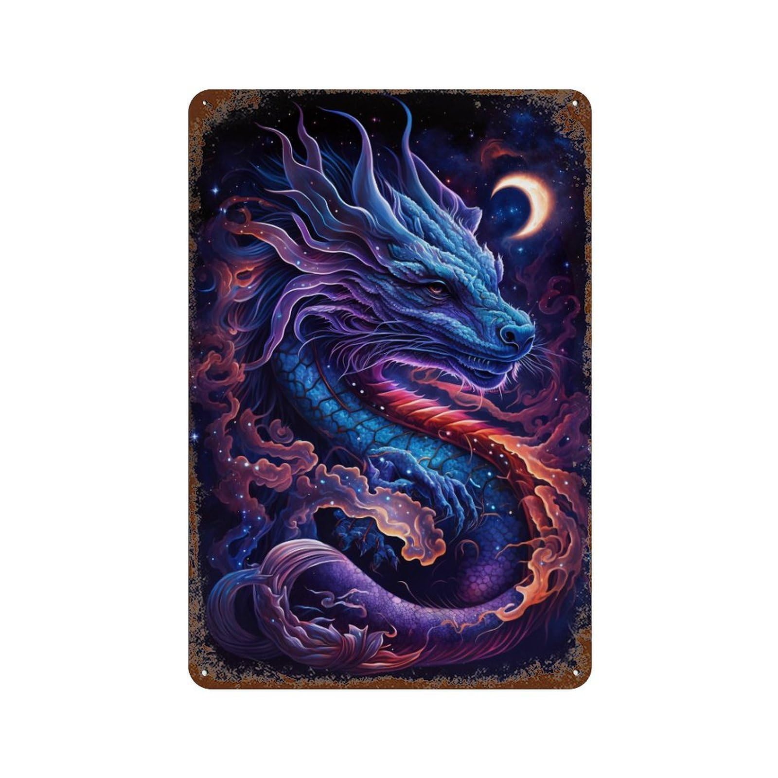 Weathered Tin Sign Galactic Dragon Art Print 11.8"x7.9", Rustic Home Decor for Basement, Hobby Room And Garage Decor