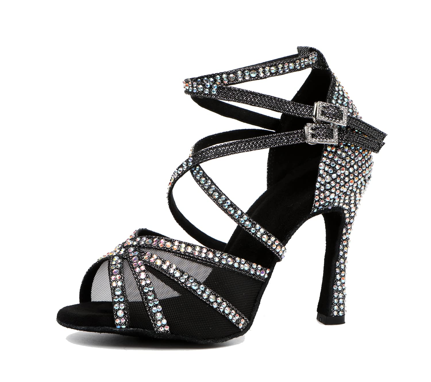 Scarpe da ballo glitterate da donna, sandali con cinturino alla caviglia in rete con strass