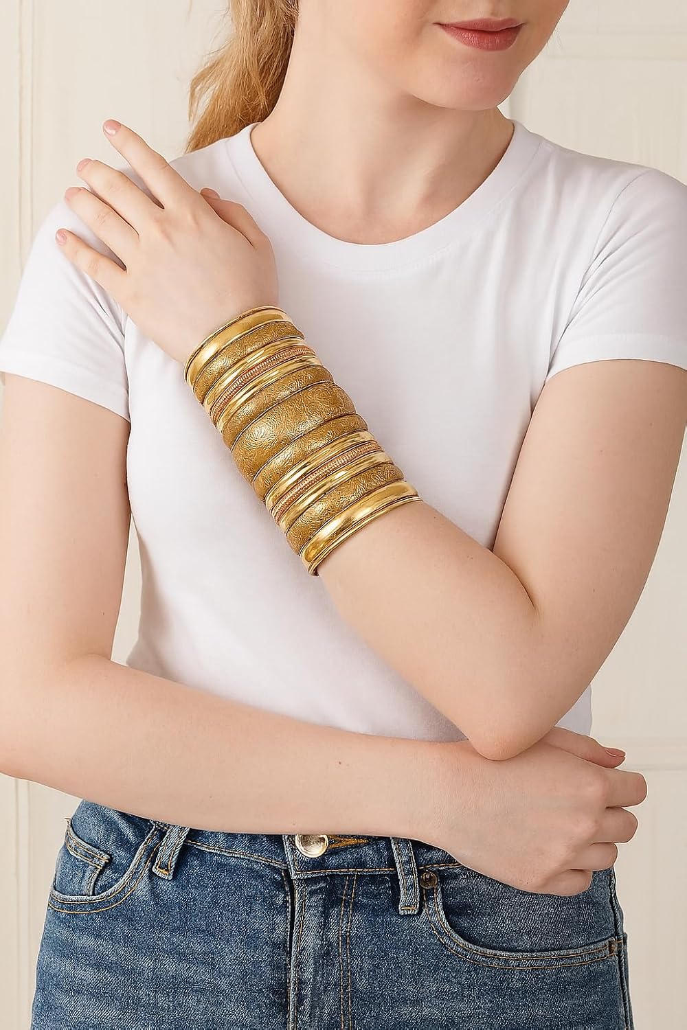 Touchstone Indian Bollywood Handcrafted Slip In Easy To Wear Stylish Wrist Enhancer Designer Broad Jewelry Cuff Bracelet For Women and Men. - Image 2