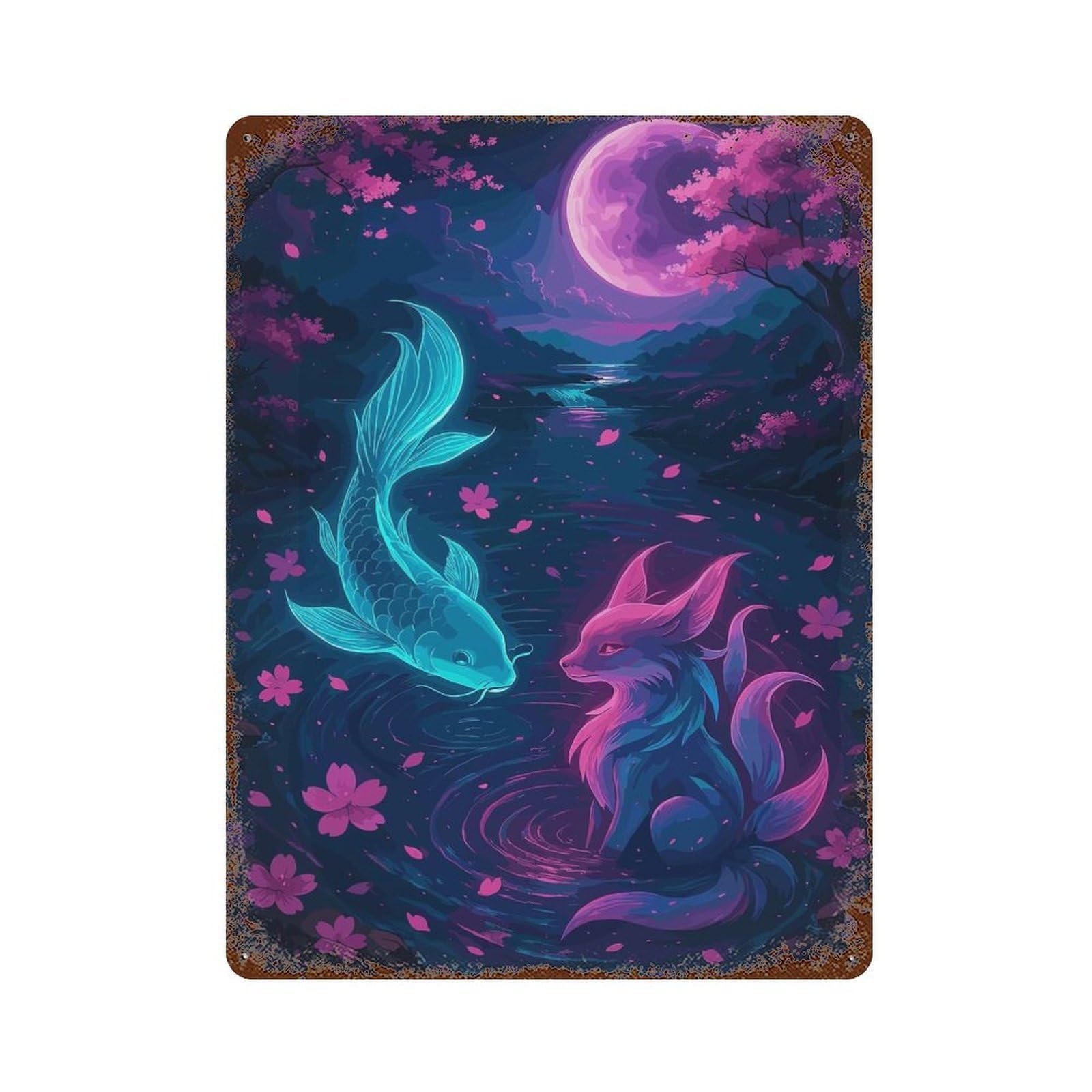 Koi Fish And Fox in Moonlight Retro Metal Sign 15.7"x11.8", Old School Wall Decor for Garage, Bar And Workshop Decor