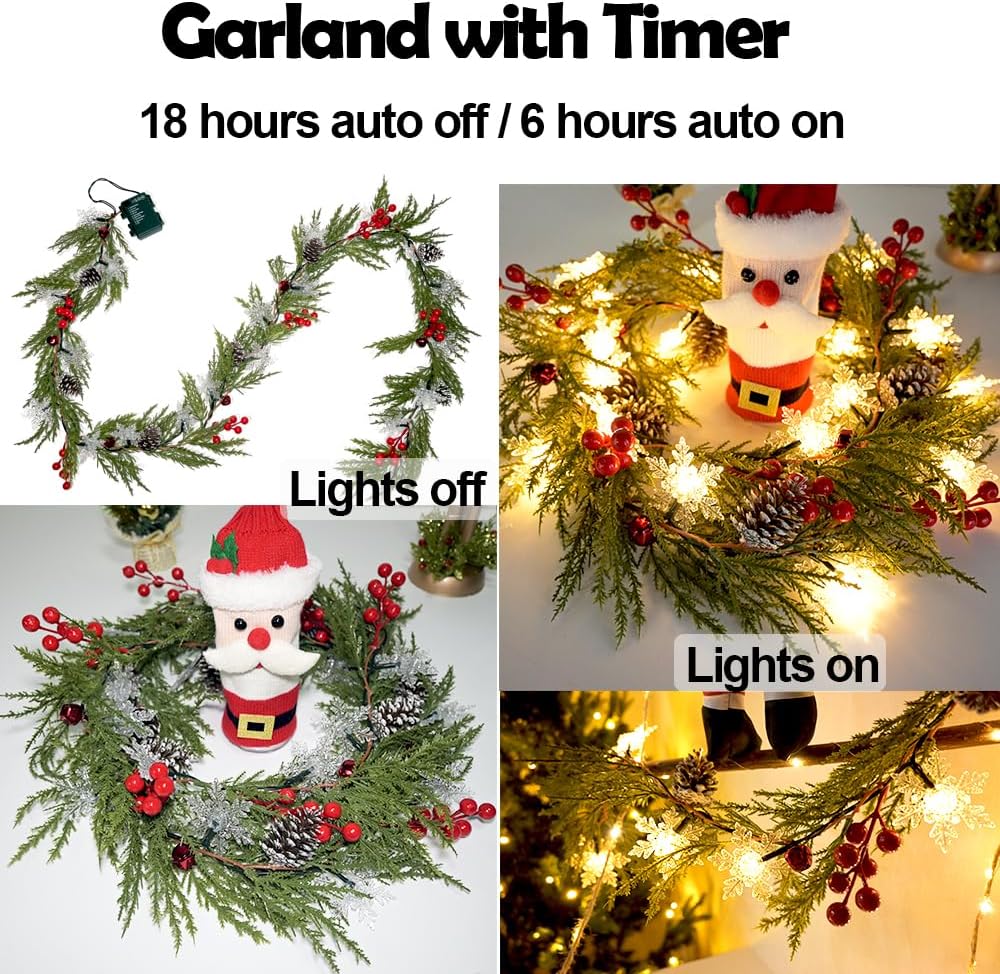 Christmas Garland Lights 6.56FT 20 Snow LED Pine Garland with Lights Battery Operated with Bells Red Berries Pinecones Cypress Greenery Garlands Decoration for Xmas Tree Mantle Door Stairs Home Decor - Image 3