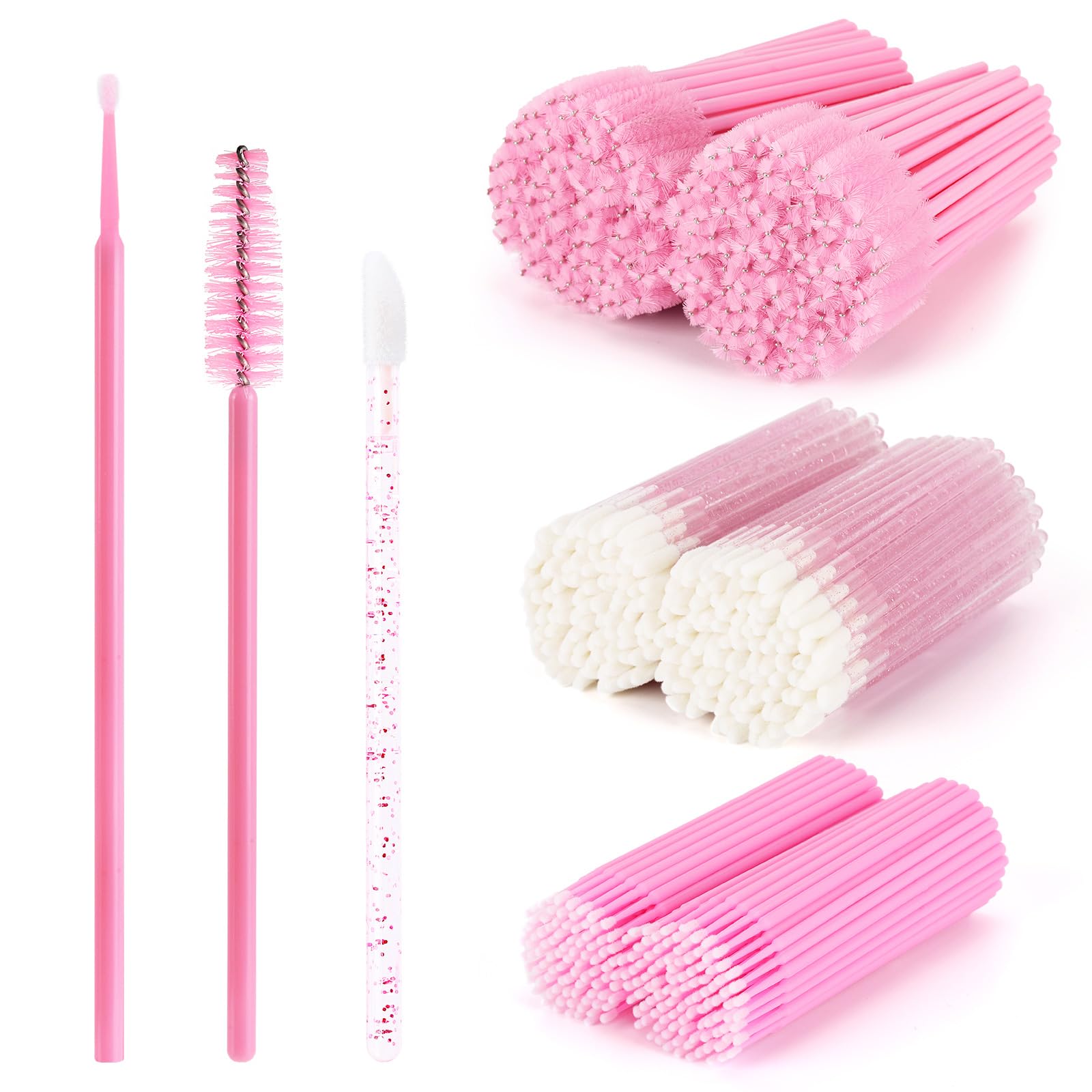 600 PCS Eyelash Extension Supplies Kit, 200 Spoolies Mascara Wands Disposable 200 Lip Brushes 200 Micro Swabs Pink Eyelash Brushes Makeup Applicator