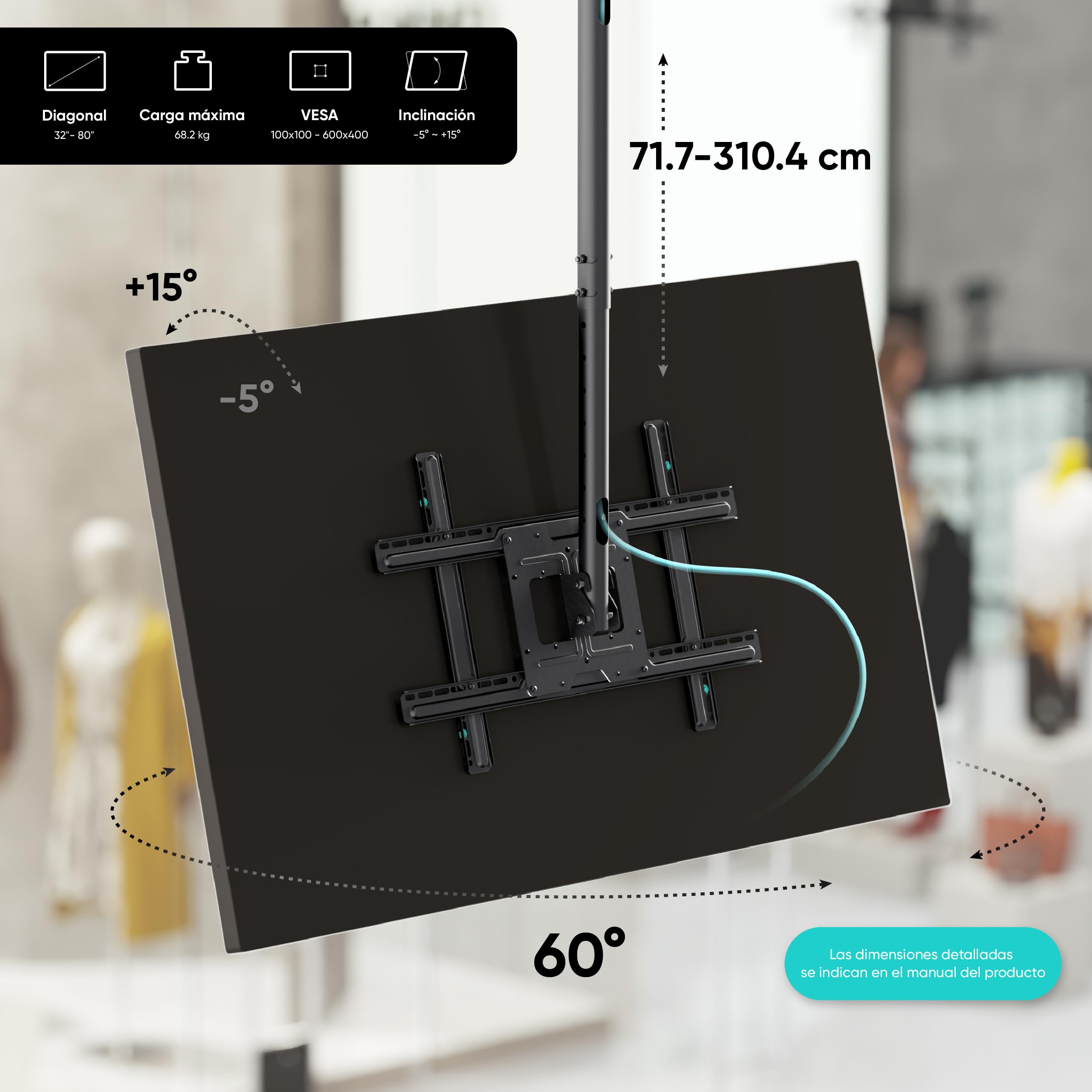ONKRON Soporte TV Techo 32-80 Pulgadas, hasta 68,2 kg, VESA 100x100-600x400 mm, Soporte TV Giratorio e Inclinable, Brazo para Televisión Telescópico, Extensible, Mural, Universal, Negro N2L-B