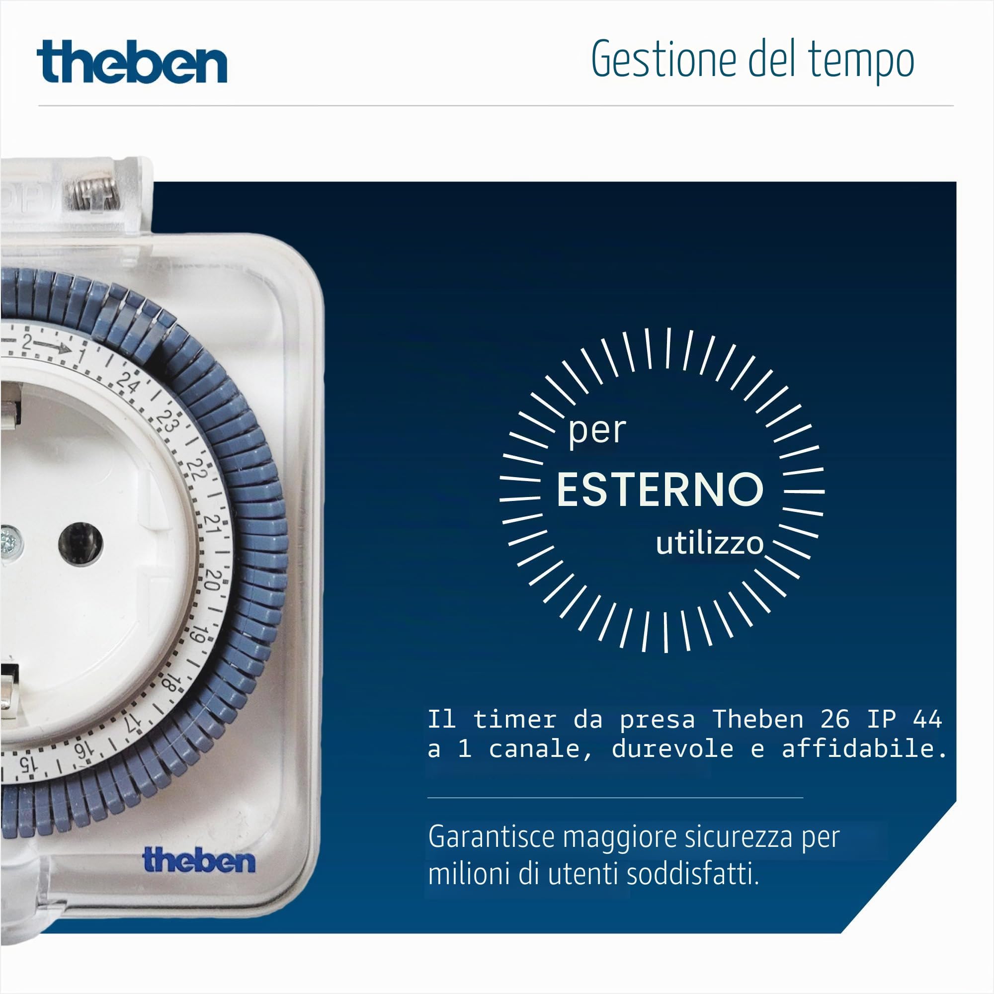 Theben 0260855 timer 26 IP44 timer da presa esterno giornaliero | 1 canale, analogico/meccanico, IP44, protetto dagli spruzzi, 96 segmenti di commutazione, inserim. minimo 15 min, 400 W LED