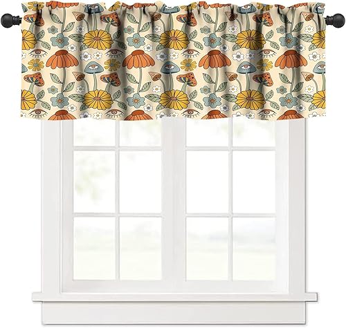 Cortinas de cenefas florales retro estilo bohemio de los años 70 en amarillo naranja, hongos funky flores y ojos, hippie vintage, cenefa de cortina