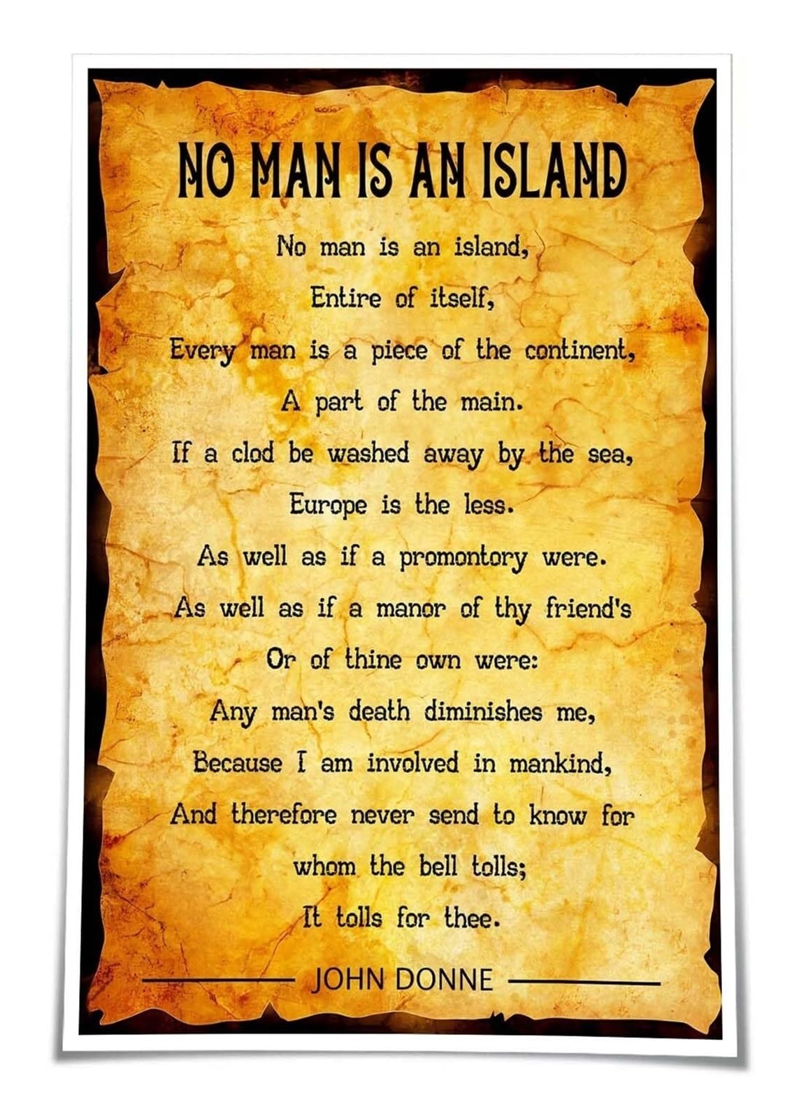 HGETJOHXEM No Man Is An Island - Framed Typography Art Print, Famous Poem Quote on Human Connection, Wall Decor for Den, Office, or Reading Nook(Framed,12x18inch(30x45cm))