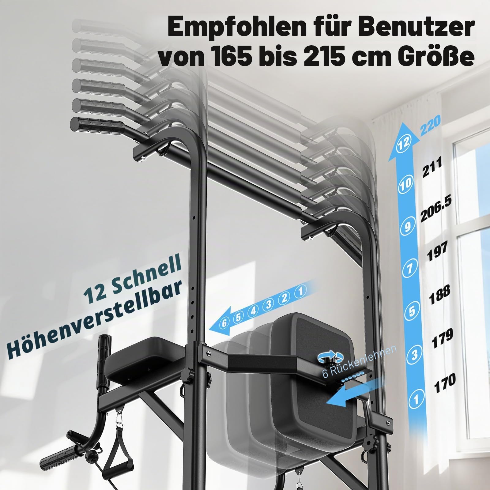 Dskeuzeew Power Tower Multifunktion Dip-Station Klimmzugstange Freistehend für power station Krafttraining keine Bohrung im Home-Gym belastbar 205 kg