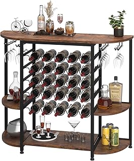 YOLEO Wine Rack Table with Glass Holder, Floor Wine Bar Cabinet for Liquor and Glasses, Wood Coffee Bar Cabinet with Adjustable Feet, Swivel Wheels, FreeStanding Bar Cart L119.6 x W40 x H101cm
