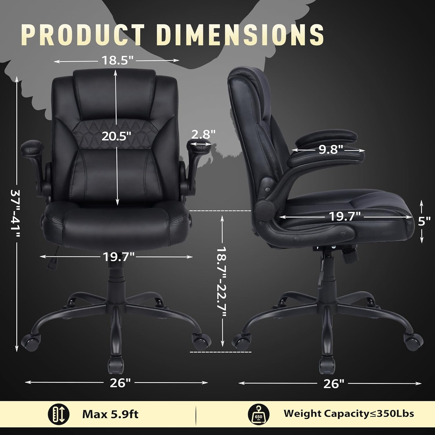 Home Leather Office Chair with Lumbar Support, 5" Padded Seat, Small PU Leather Rocking Desk Chair, Comfy Computer Chairs with Rolling Wheels & Adjustable Arms for Adults, Black