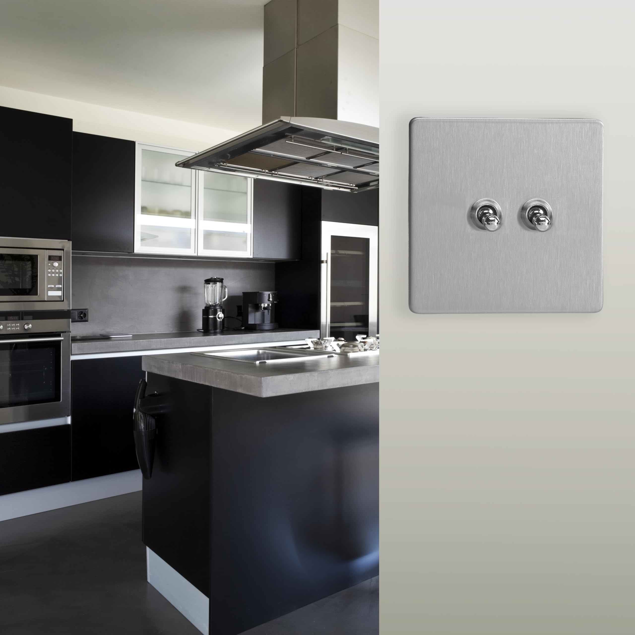 Varilight Double Light Switch 2-Way - Screwless Brushed Steel With Chrome Toggles, White, 86x86x36mm - Image 2