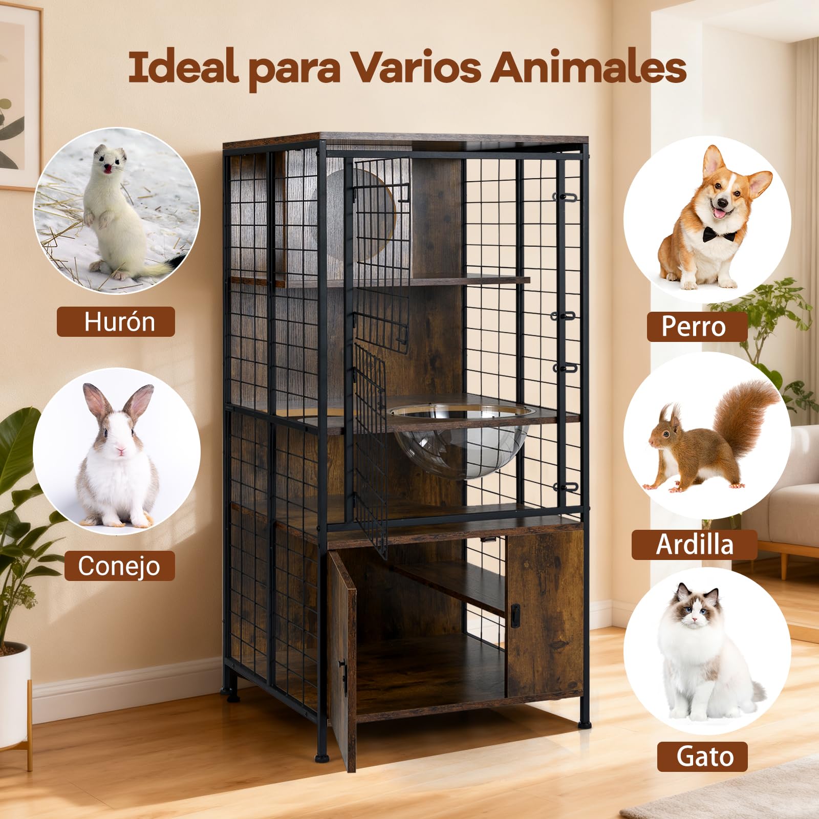 GOPLUS Jaula para Gatos de 3 Pisos, Recinto para Gatos con Cápsula Espacial y Armario con Cerradura, Casa para Mascotas de Alambre Metálico para Mascotas, Chinchillas y Conejos, 60 x 60 x 125 cm