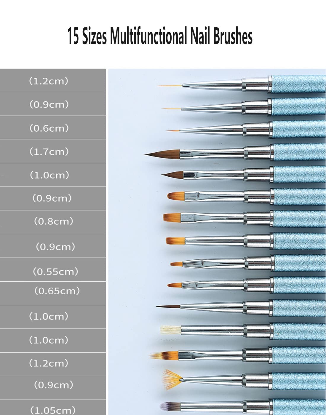 N/A Pennello per nail art da 15 dimensioni Disegno professionale Pittura Consigli per nail art in acrilico Pennello per ricostruzione manicure WolFum