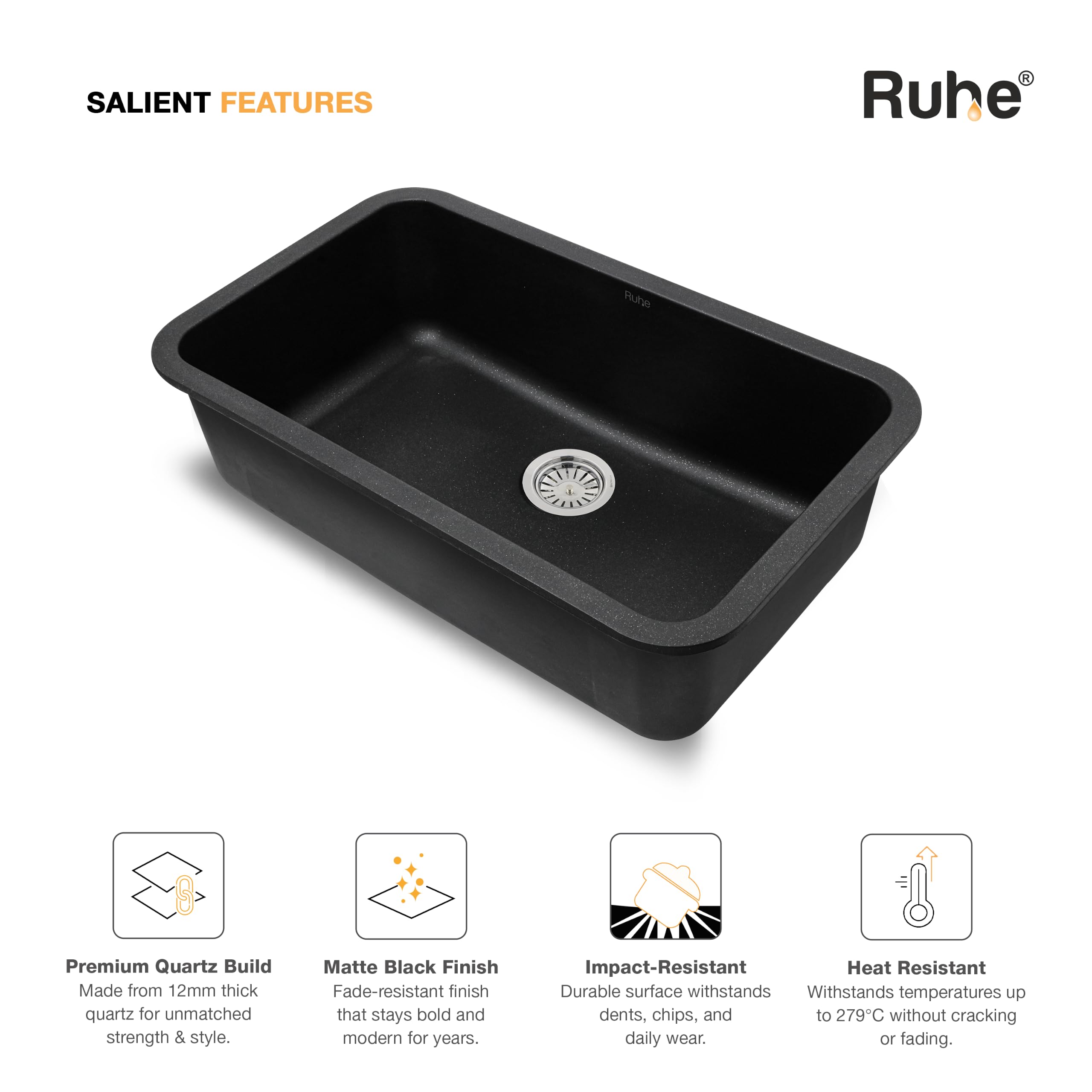 Ruhe Matte Black Quartz Kitchen Sink - Noise Reducing -3 Ruhe Matte Black Quartz Kitchen Sink - Noise Reducing -3