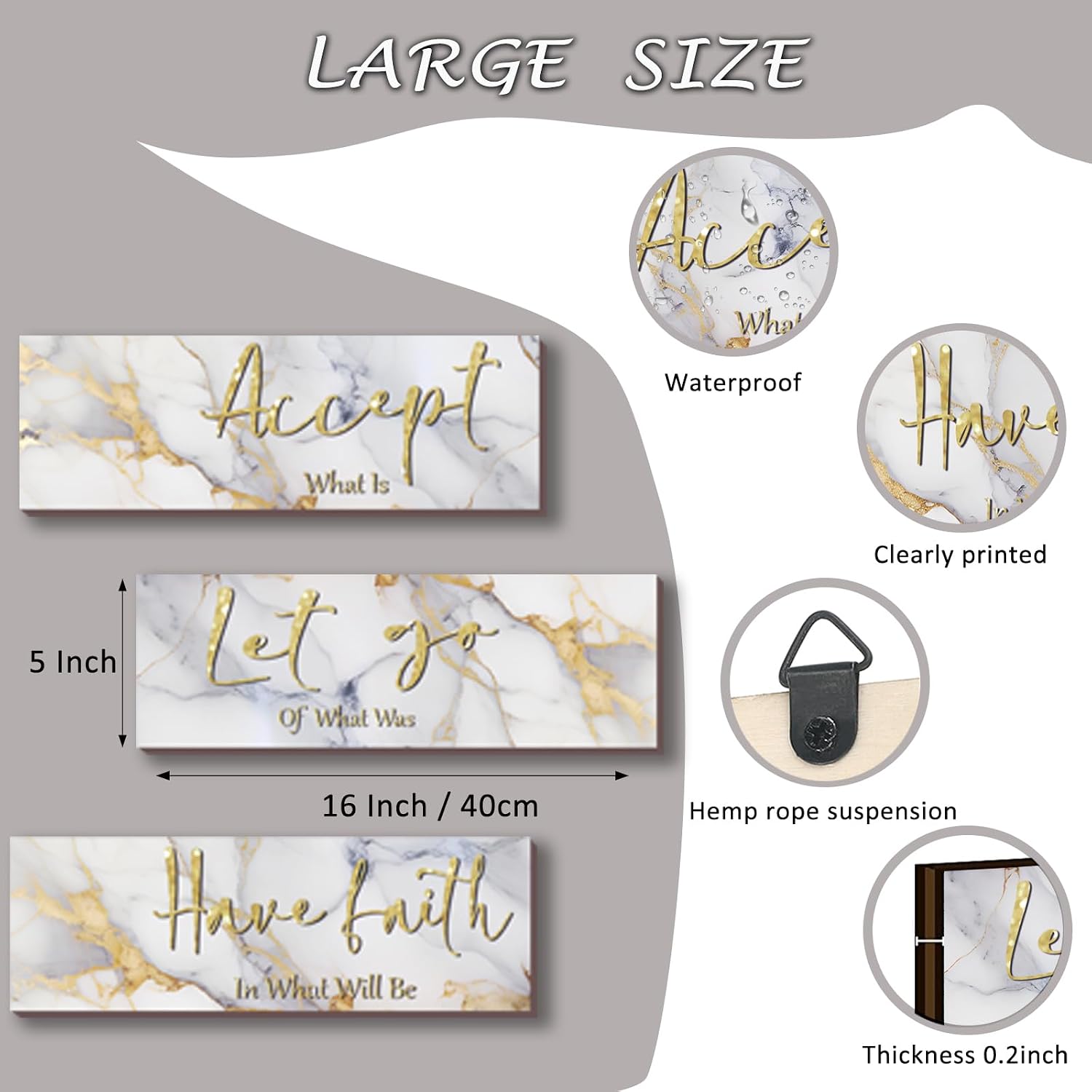 ONIZHITY 3 Pcs Large White and Gold Bathroom Decor White and Gold Wall Decor Accept Let Go Have Faith Marble Style Versatile Bathroom Accessories for Bedroom Living Room Office(White Gold 16x5 image 2