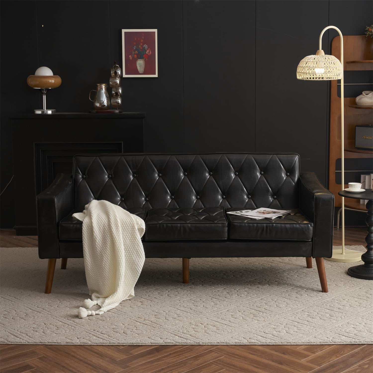 ソファー 3人掛け おしゃれ PUレザー 北欧風 リビングソファ (ブラック)