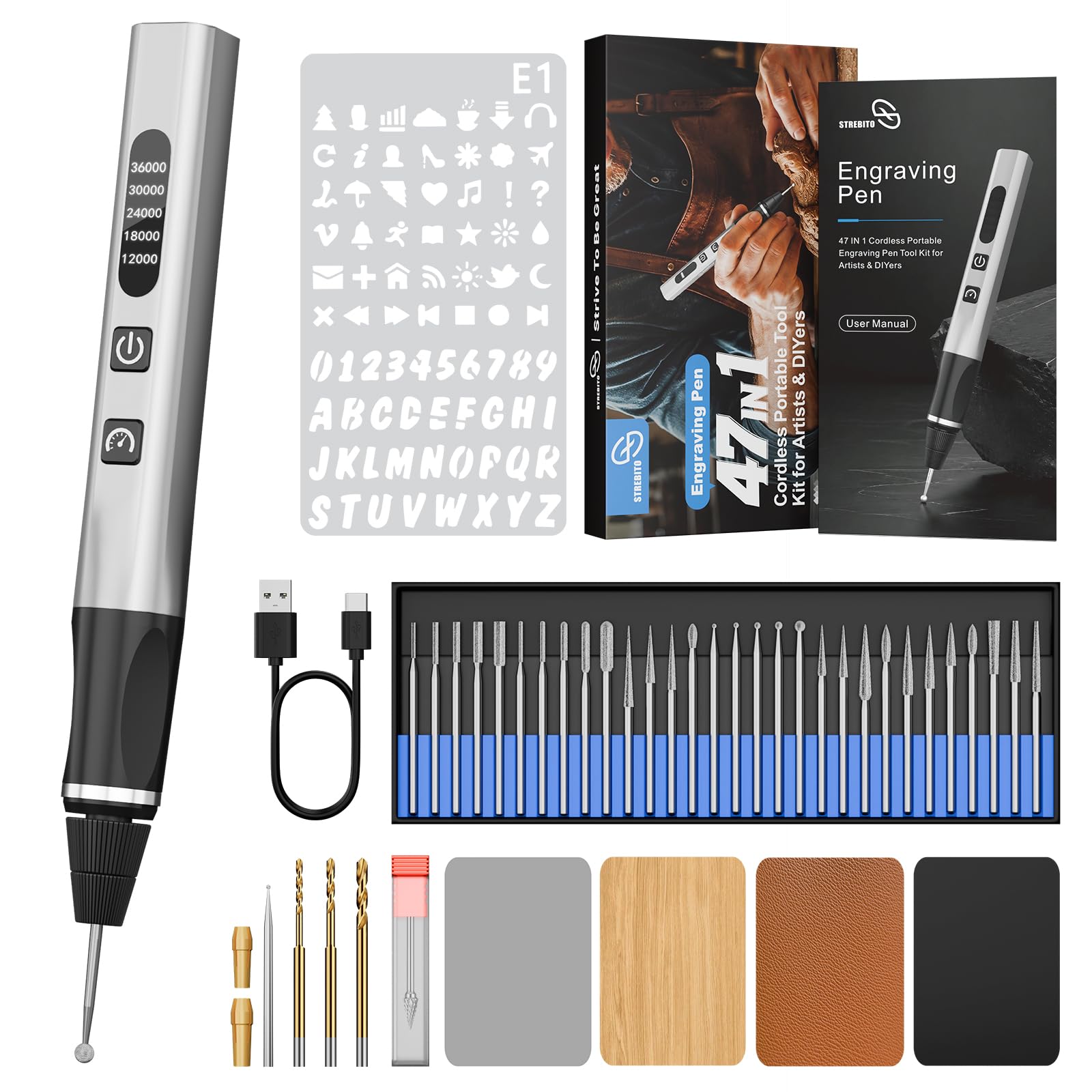 STREBITO Engraving Pen - 47-in-1 Kit for Metal, Wood & More -1