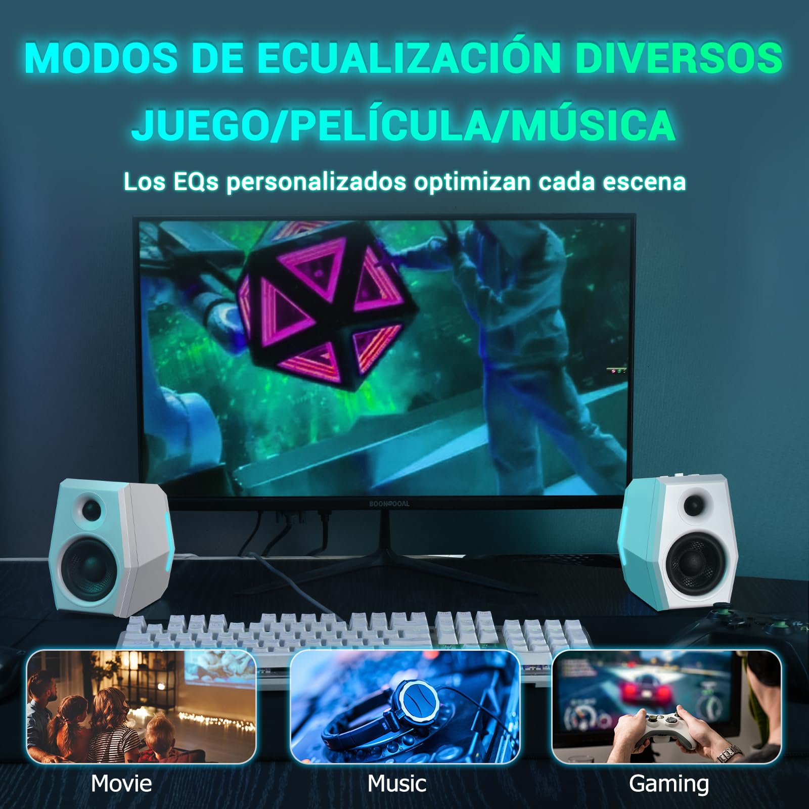 Sanyun SW209 Altavoces Gaming 2.0 36 W, Audio Táctico 3 Modos DSP | Gaming/Cine/Música, DAC 24 bits, USB-C/Bluetooth 5.2/AUX, Driver Fibra Vidrio 7cm + Cúpula Seda 18mm, RGB (Pareja, Blanco)