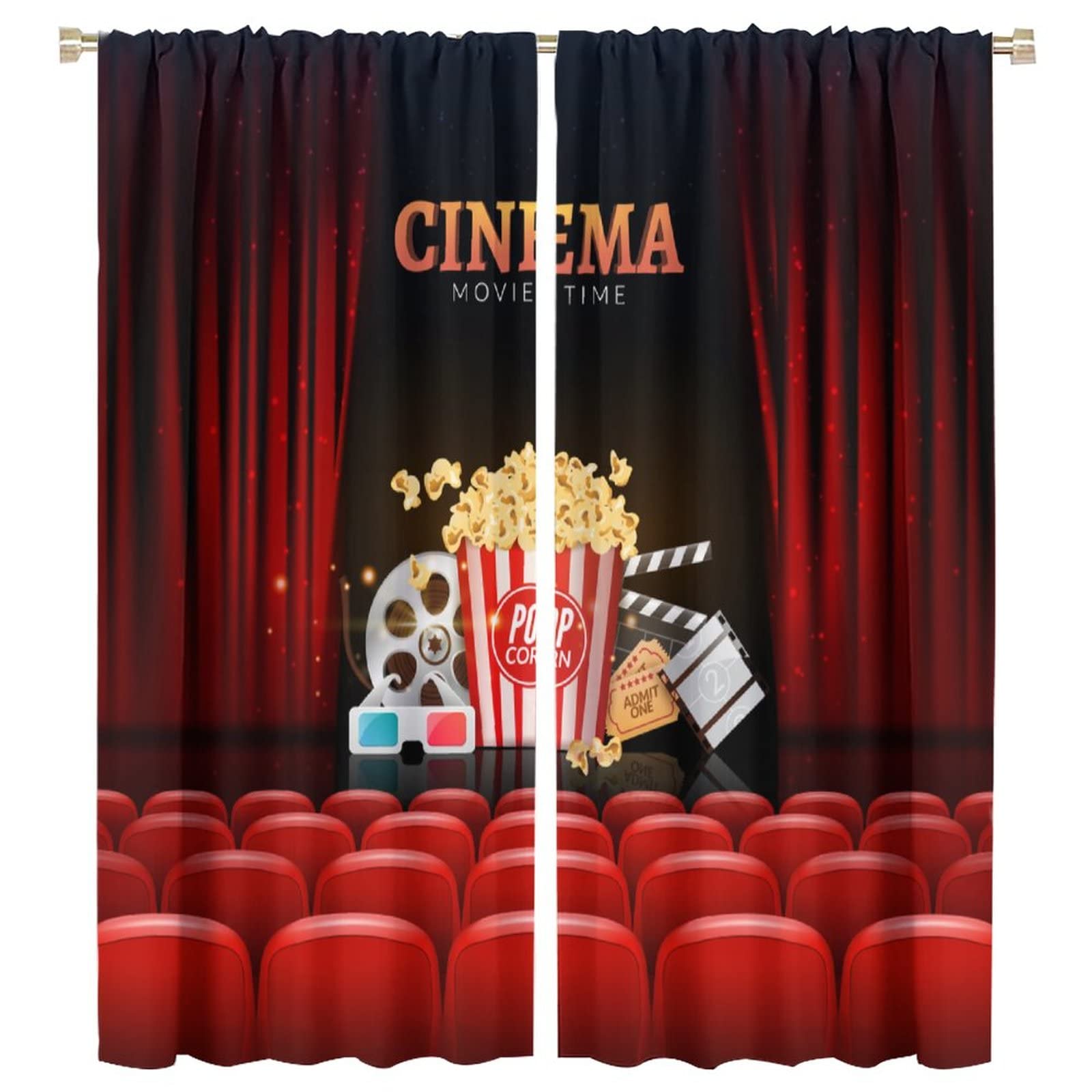 BenYaSong Popcorn Movie Clapboard Blackout Curtains Cinema Theater Background Print Privacy for Cafe Room Chidren Window Curtain Drapes 2 Panels 55x63in