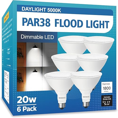 LOXYEE PAR38 Bombillas LED de inundación para exteriores, paquete de 6, 20 W (equivalente a 200 W) bombillas de inundación de base E26, luz diurna