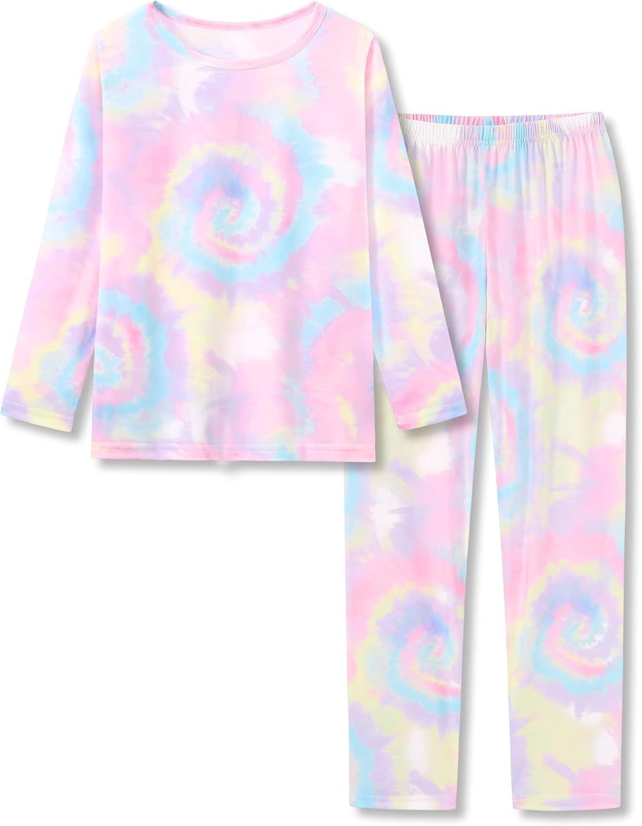 Topgal Pijamas Tie Dye para niños y niñas, Conjunto de Manga Larga de 2 Piezas, Tallas 6-18 | Top con cuello redondo, pantalones con cintura elástica, estampado de remolinos, estilo a cuadros Happy Face, pijamas y pijamas, ropa cómoda para estar por casa