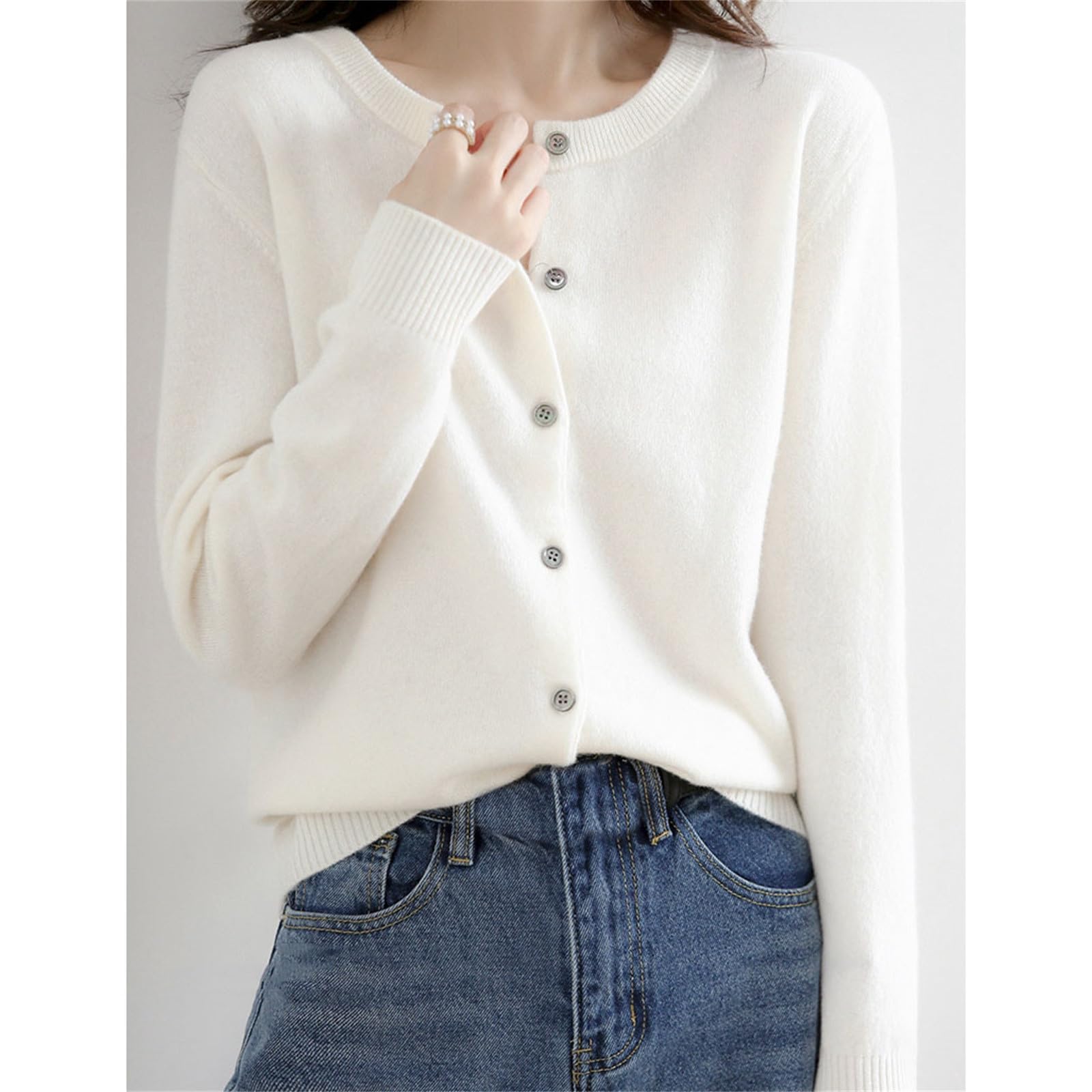 Cárdigan de punto para mujer, manga larga, cuello redondo, suéter de punto para primavera, chaqueta de entretiempo, monocolor, manga larga, sin costuras, ligero bolero con botones, elegante cárdigan