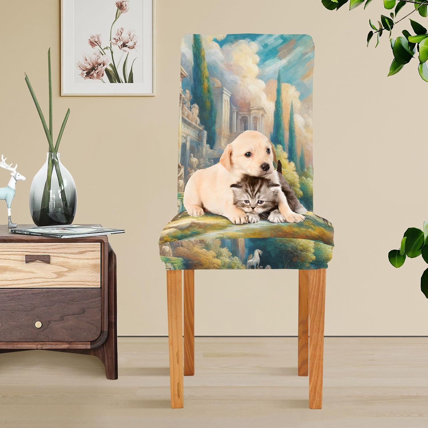 ODAWA Dreamscape Horses Blue Kitchen Table Chair Covers Soft Removable Dining Chair Slipcovers 2 Pack