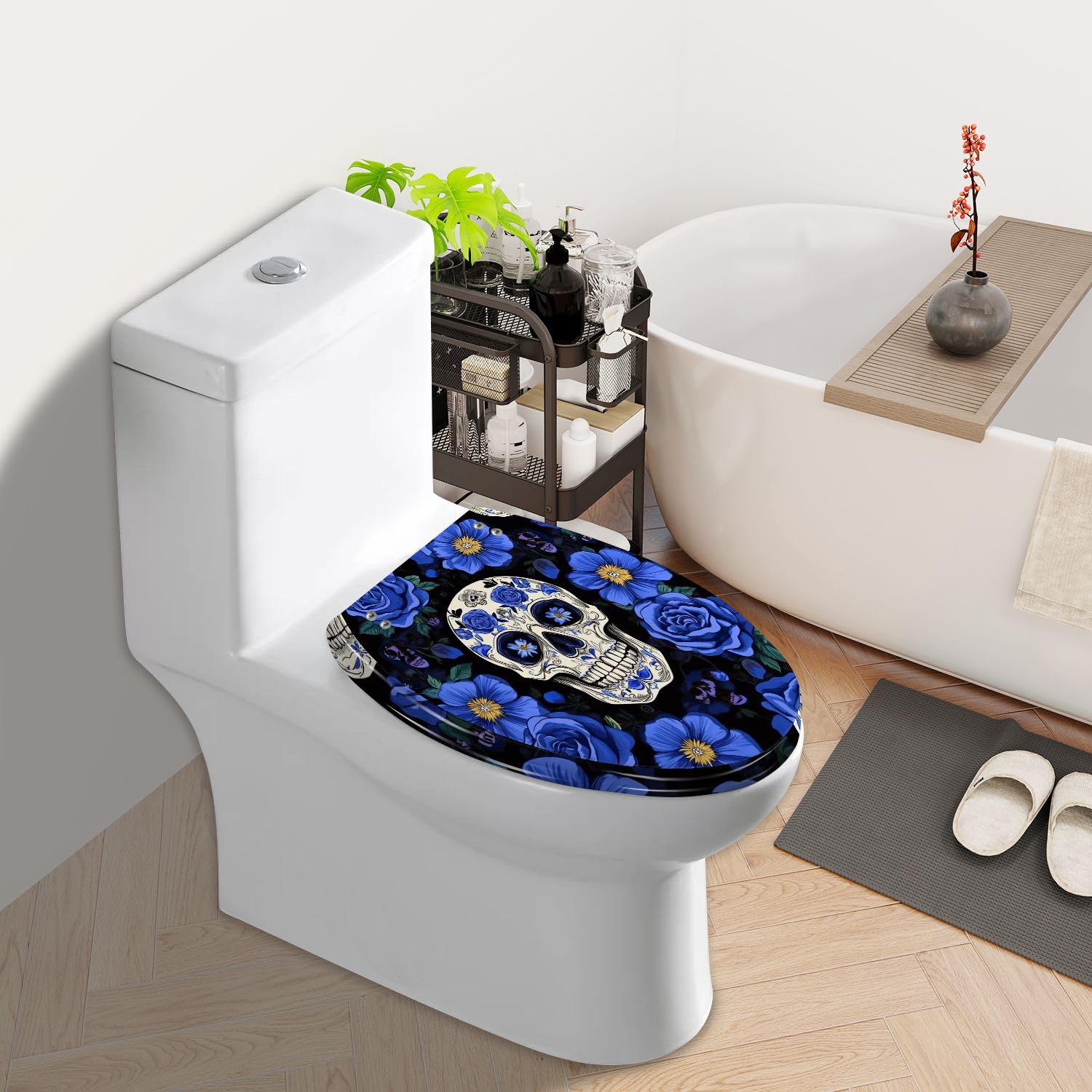 Copriwater Allungato Decorativo In Resina con Teschi Di Zucchero E Fiori Blu, Motivo Nero Senza Cuciture, Chiusura Lenta E Silenziosa, Cerniere A Sgancio Rapido, Facile Da Pulire E Installar