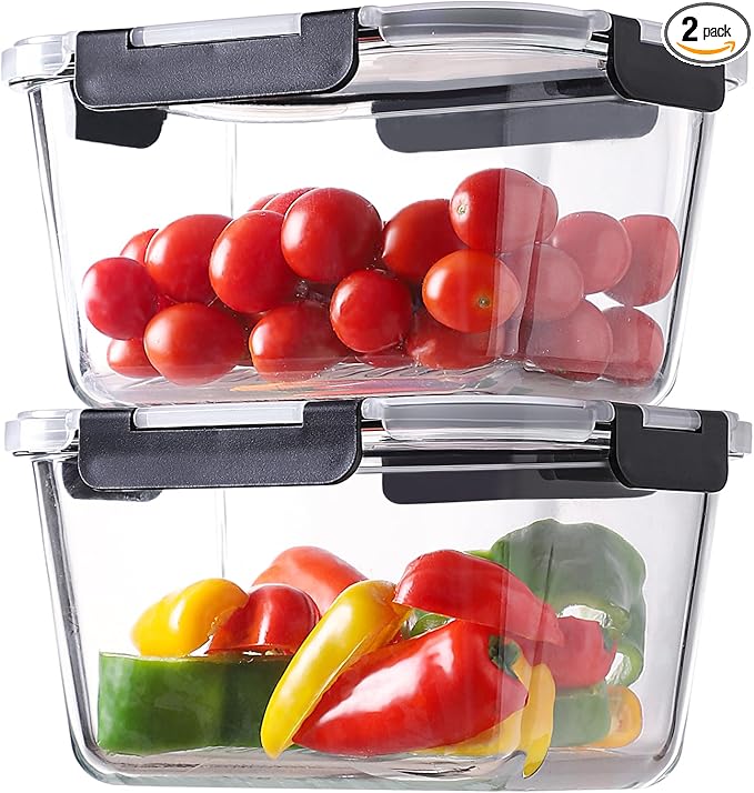 HOMBERKING 4 Pieces 63oz/8cup Large Glass Food Storage Containers with Lids, Meal Prep Containers, Airtight Bento Boxes with Leak Proof Locking (2 Containers + 2 Lids) - Microwave, Oven Safe