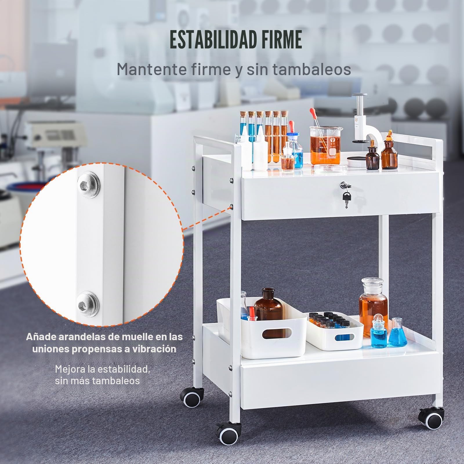 VEVOR Carro de Laboratorio 2 Niveles Carro Médico de Acero Inoxidable Carro de Servicio Gran Capacidad de Carga de 100 kg con 2 Cajones para Laboratorio Salón Hospital, Uso Dental, Blanco