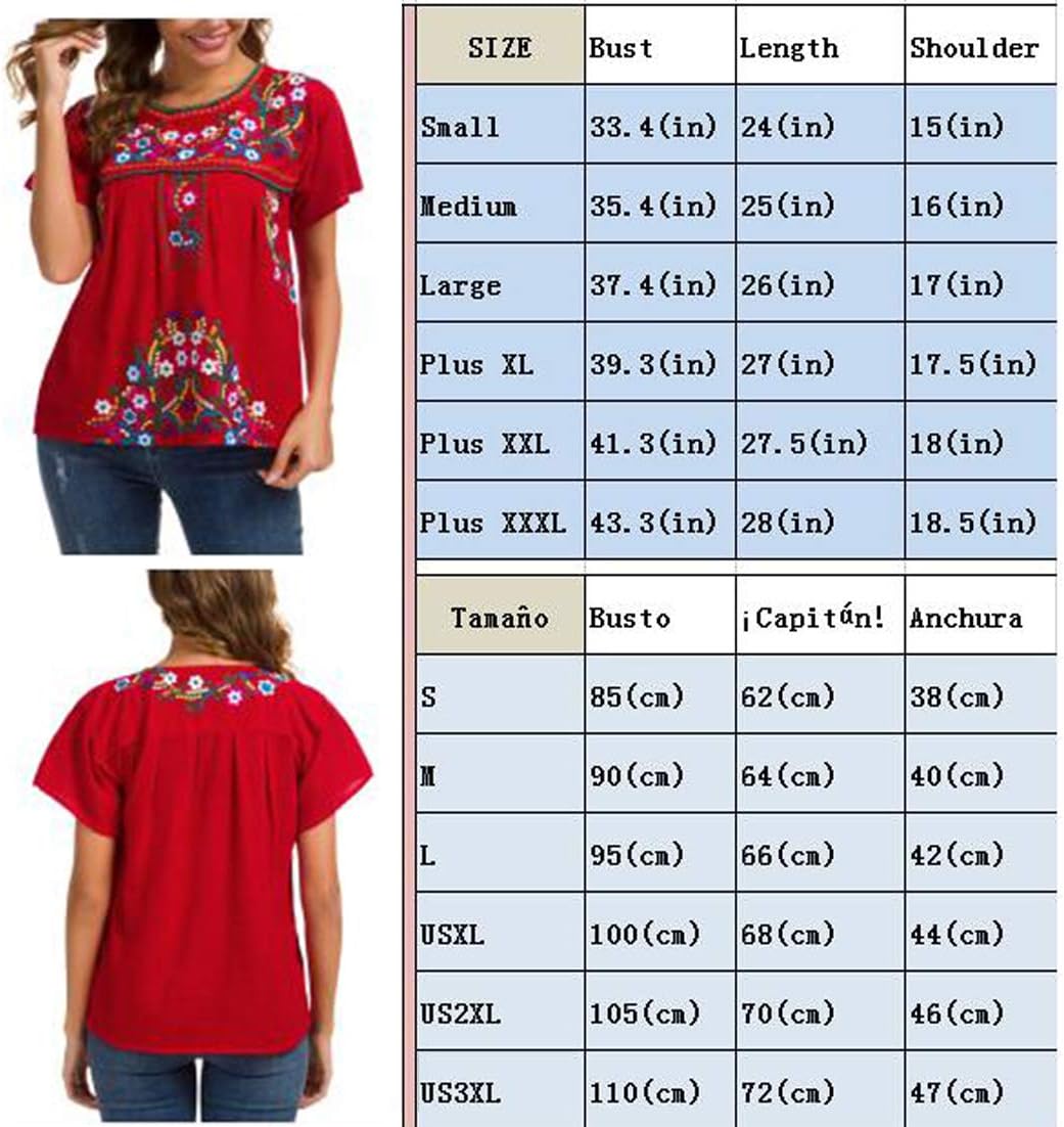 YZXDORWJ Women's Embroidered Mexican Peasant Blouse Mexico Summer Shirt Short Sleeve
