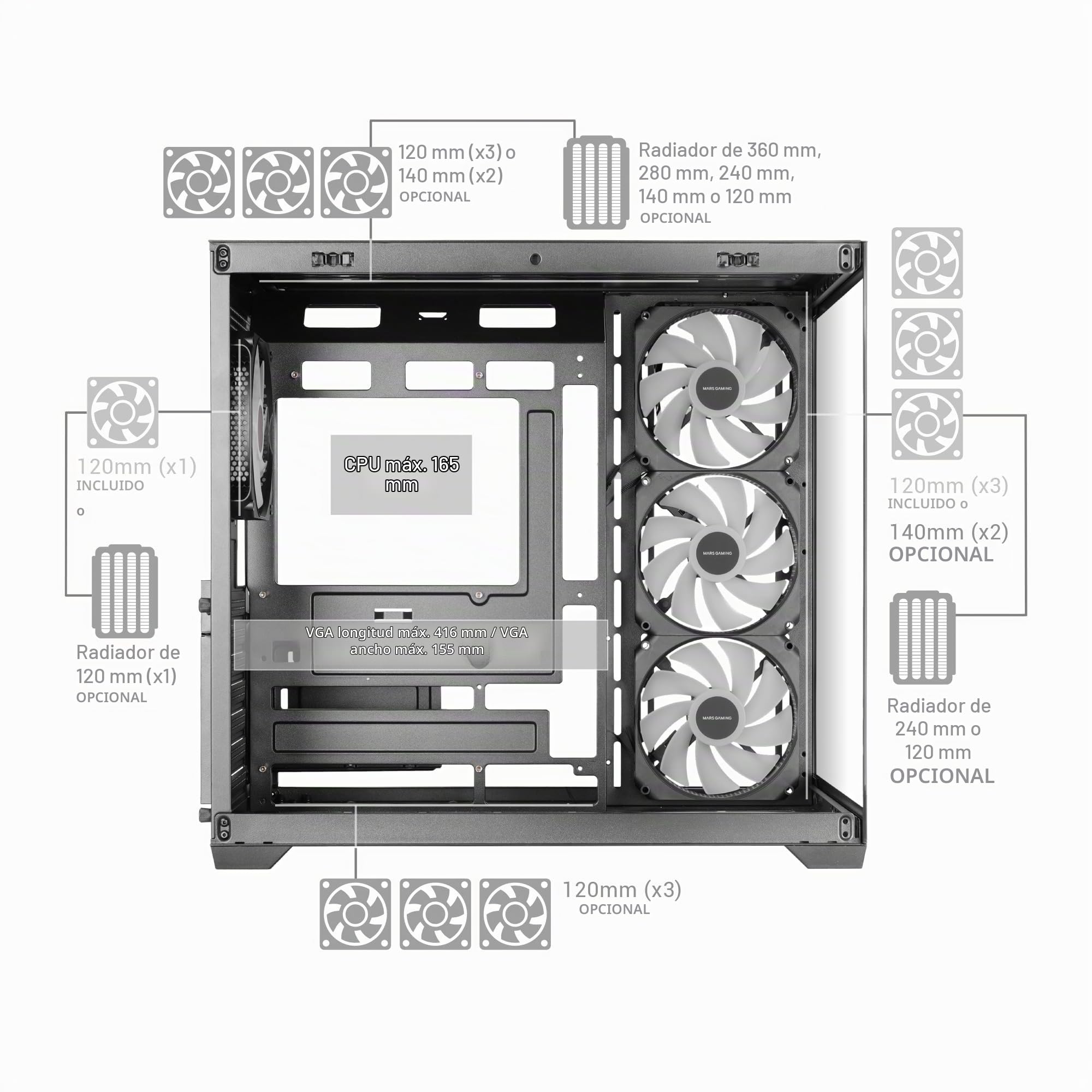 Mars Gaming MCV5, Caja PC ATX, Cristal Templado Panorámico, 4X Ventiladores ARGB 120mm, 7 Slots PCI Horizontales + 2 Slots PCI Verticales, Compatible con Placas Base de Conector Inverso, USB-C, Negro